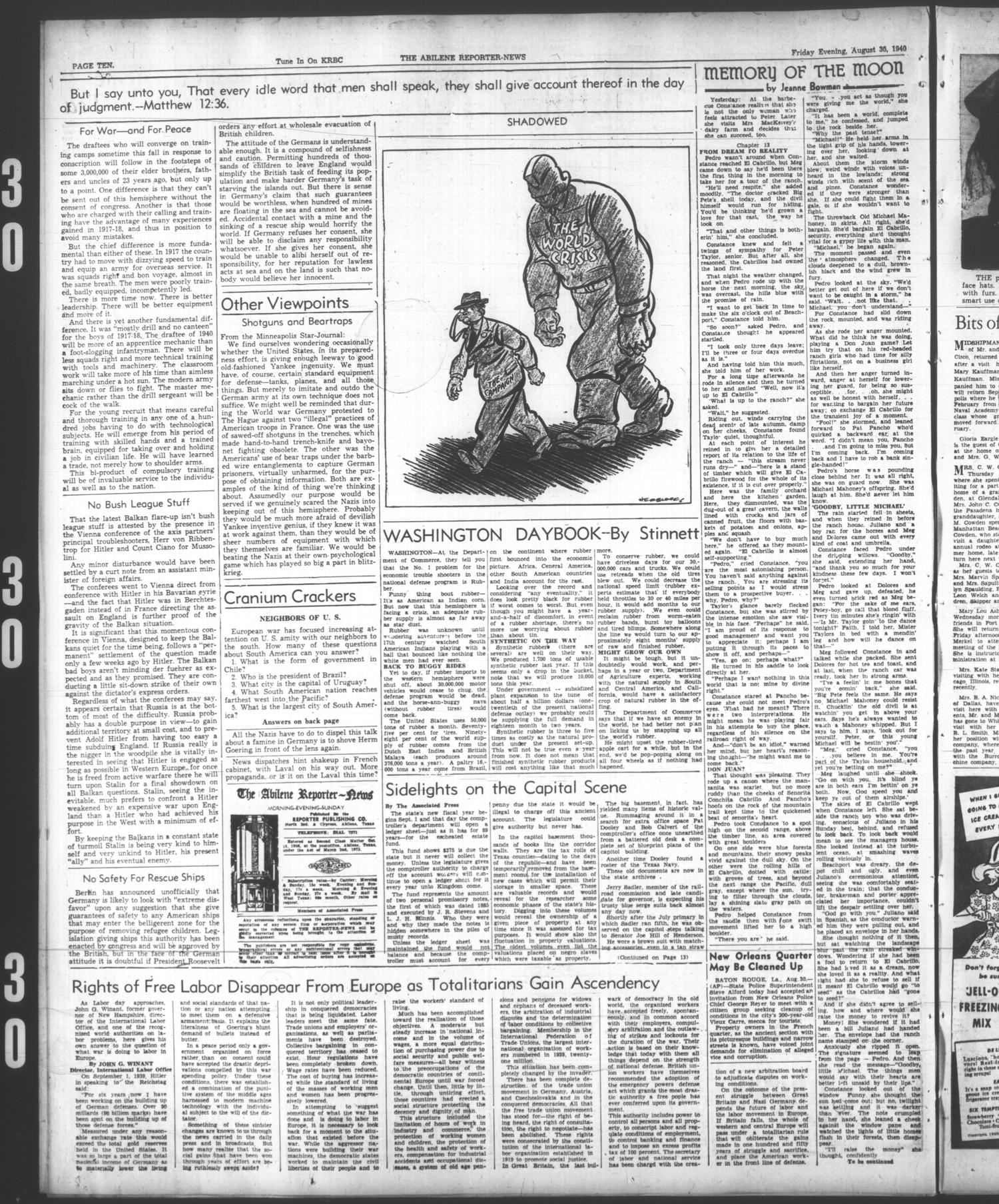 The Abilene Reporter-News (Abilene, Tex.), Vol. 60, No. 74, Ed. 2 Friday, August 30, 1940
                                                
                                                    [Sequence #]: 10 of 14
                                                