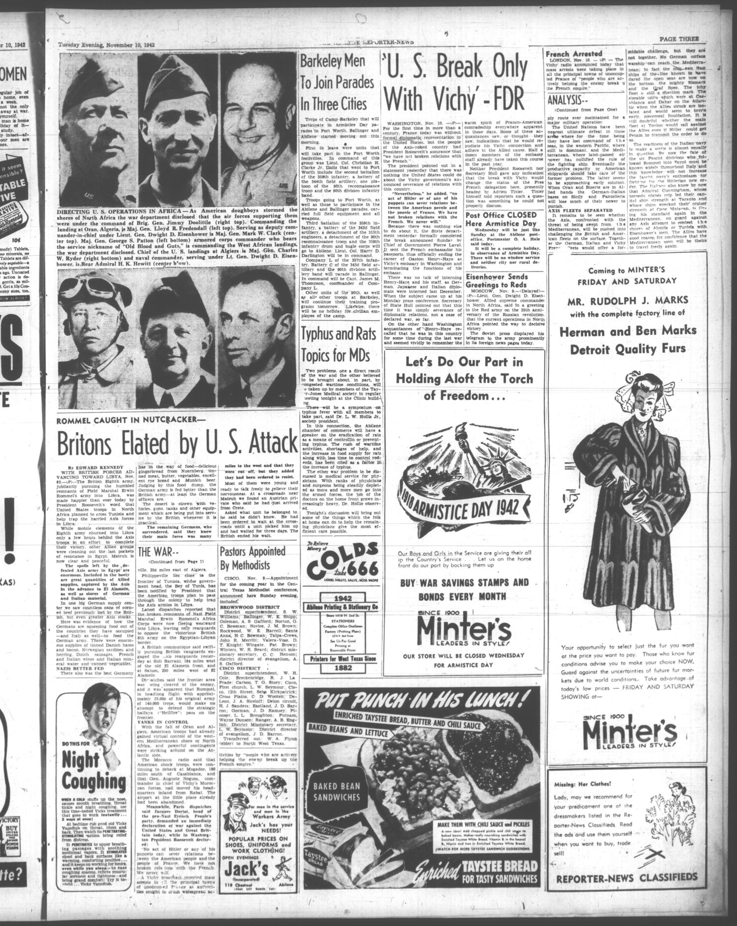 The Abilene Reporter-News (Abilene, Tex.), Vol. 62, No. 147, Ed. 2 Tuesday, November 10, 1942
                                                
                                                    [Sequence #]: 3 of 12
                                                