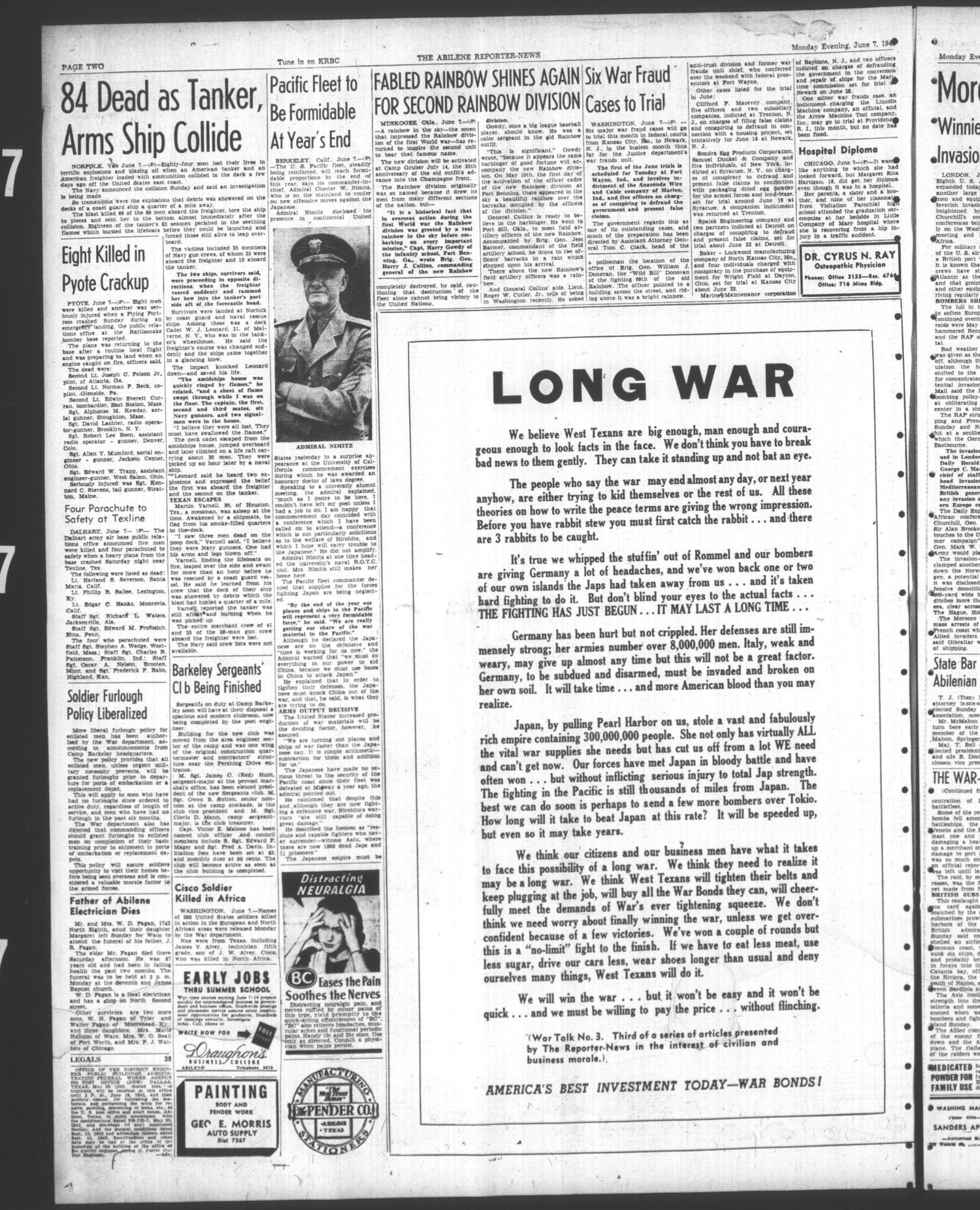 The Abilene Reporter-News (Abilene, Tex.), Vol. 62, No. 350, Ed. 2 Monday, June 7, 1943
                                                
                                                    [Sequence #]: 2 of 10
                                                