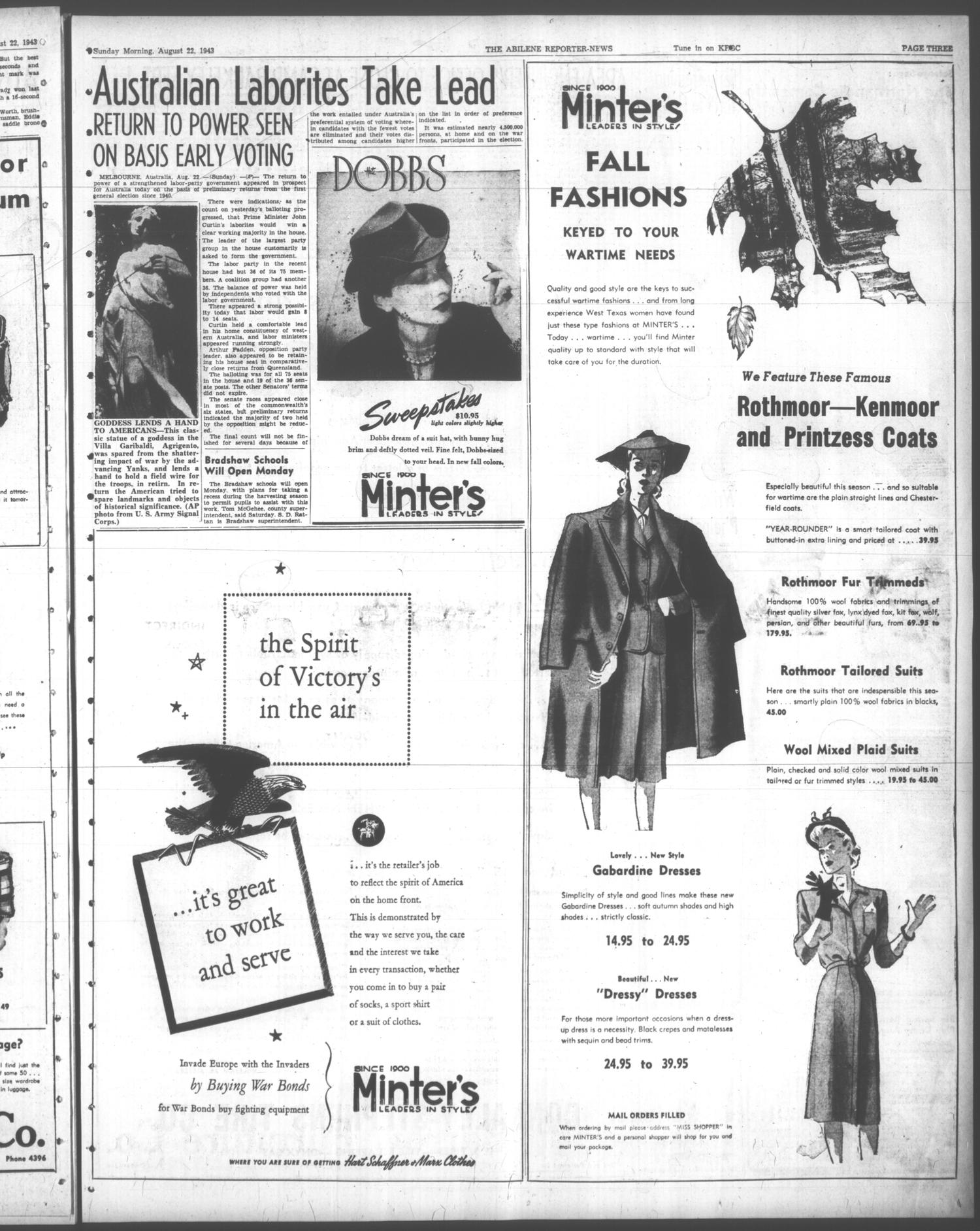 The Abilene Reporter-News (Abilene, Tex.), Vol. 63, No. 67, Ed. 1 Sunday, August 22, 1943
                                                
                                                    [Sequence #]: 3 of 34
                                                