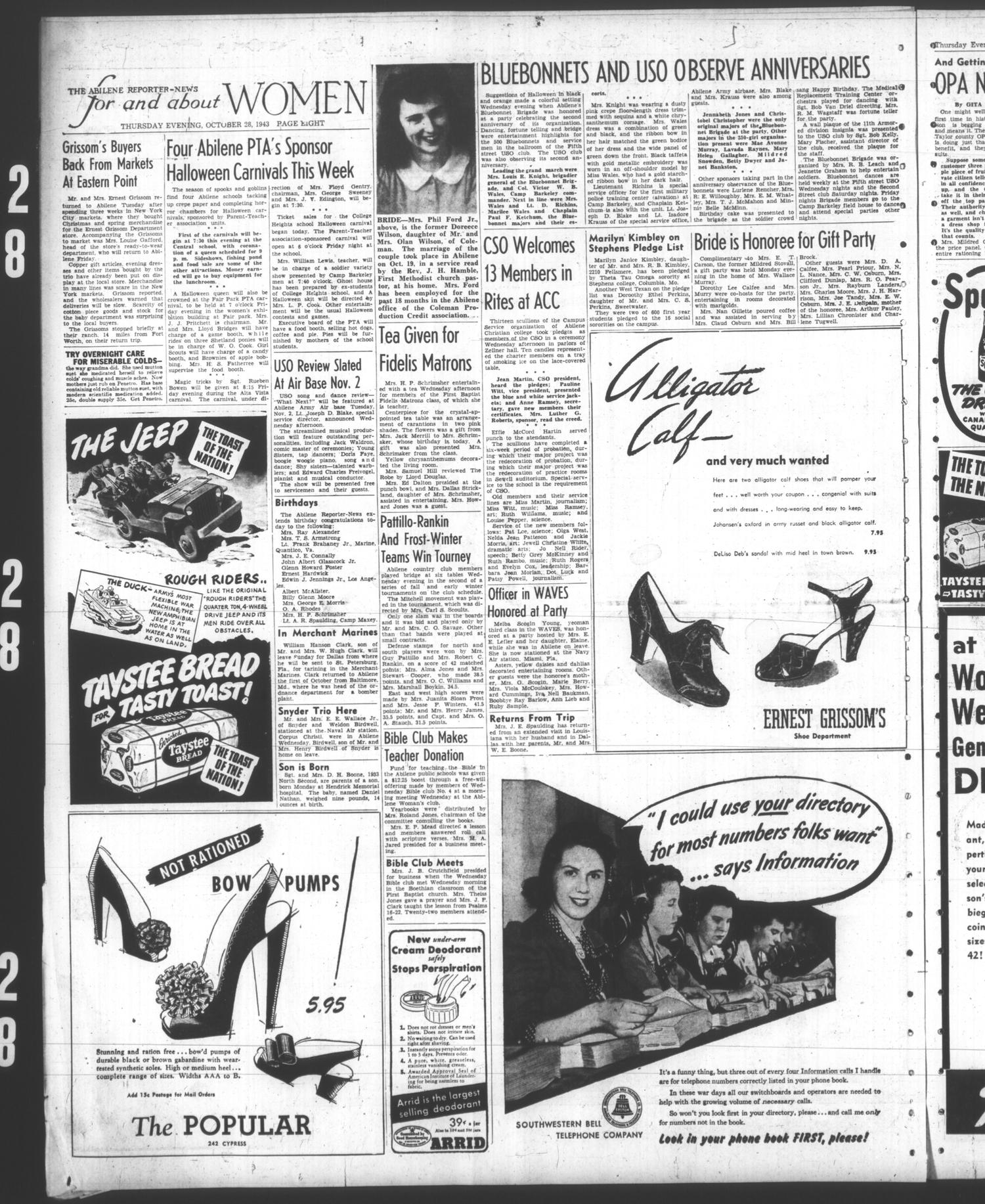The Abilene Reporter-News (Abilene, Tex.), Vol. 63, No. 134, Ed. 2 Thursday, October 28, 1943
                                                
                                                    [Sequence #]: 8 of 14
                                                