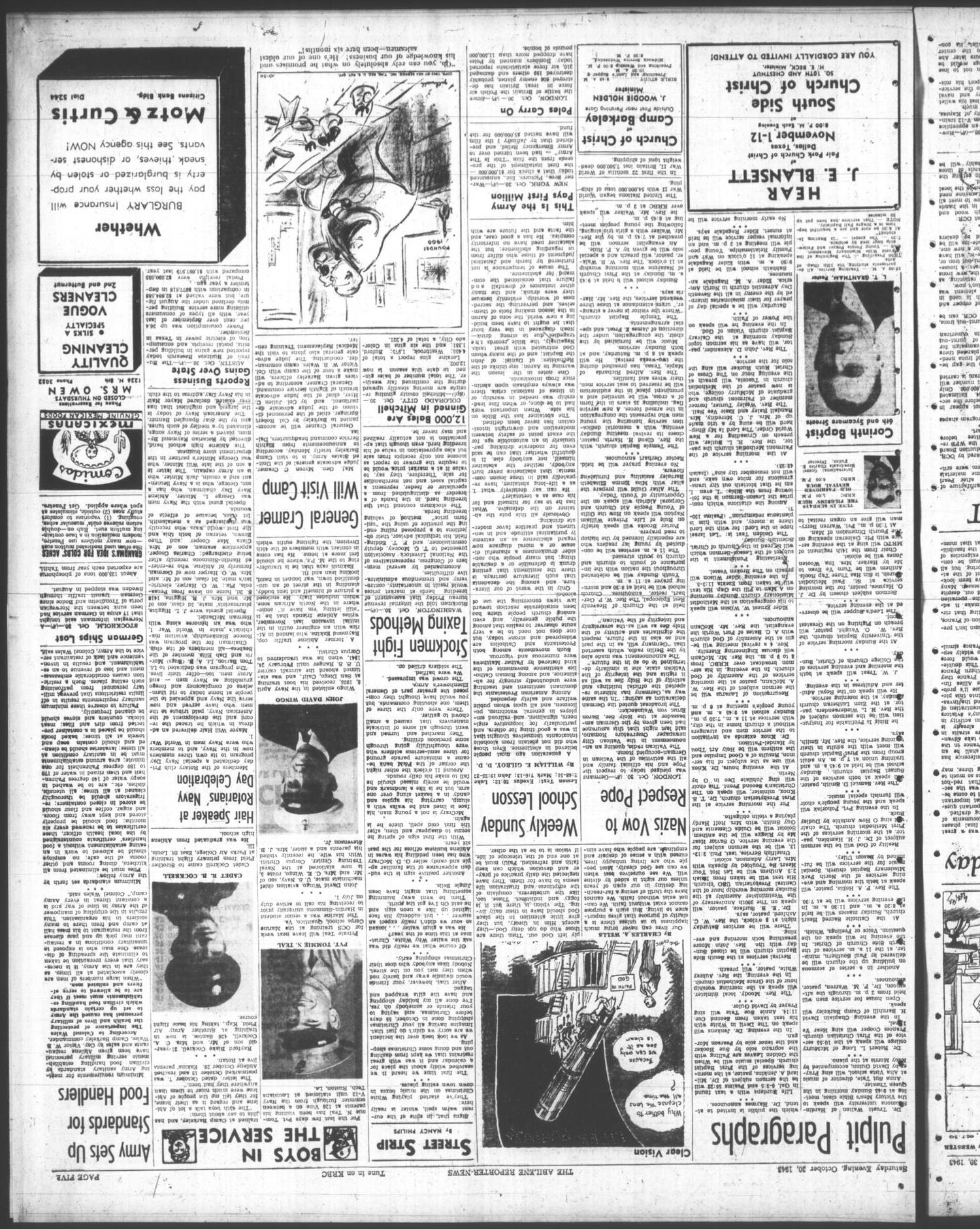 The Abilene Reporter-News (Abilene, Tex.), Vol. 63, No. 136, Ed. 2 Saturday, October 30, 1943
                                                
                                                    [Sequence #]: 5 of 8
                                                