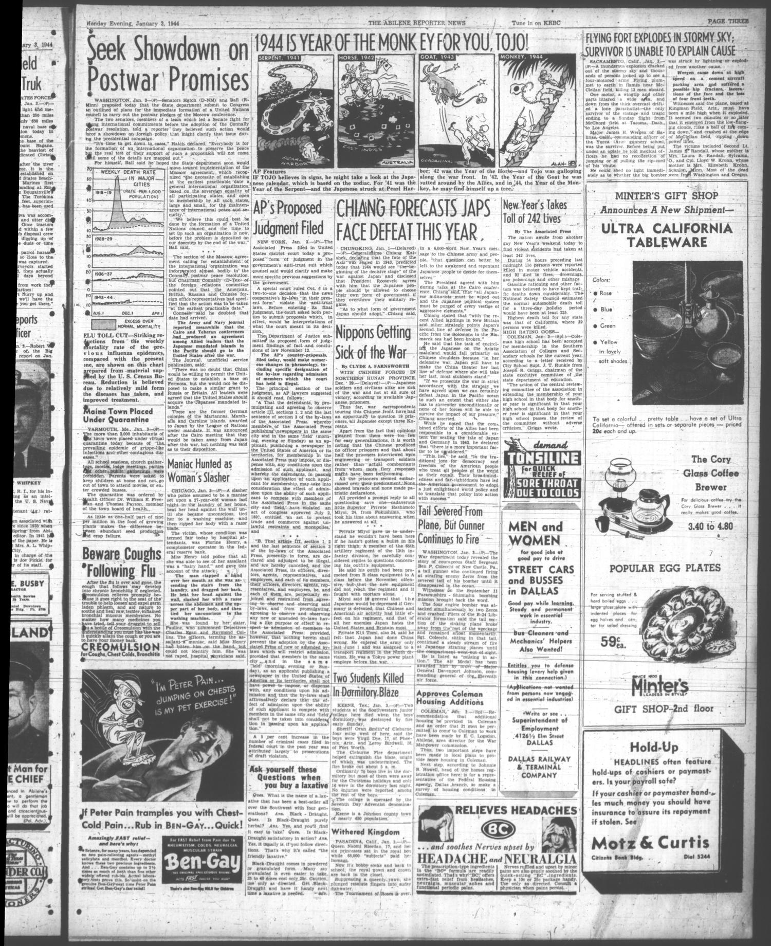 The Abilene Reporter-News (Abilene, Tex.), Vol. 63, No. 200, Ed. 2 Monday, January 3, 1944
                                                
                                                    [Sequence #]: 3 of 10
                                                