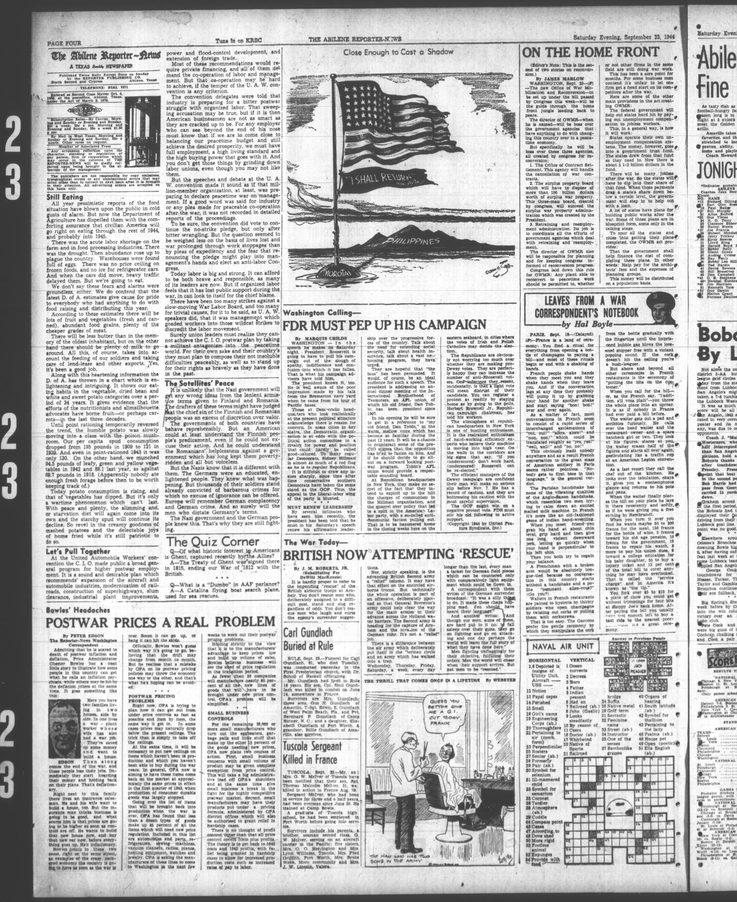 The Abilene Reporter-News (Abilene, Tex.), Vol. 64, No. 97, Ed. 2 Saturday, September 23, 1944
                                                
                                                    [Sequence #]: 4 of 8
                                                