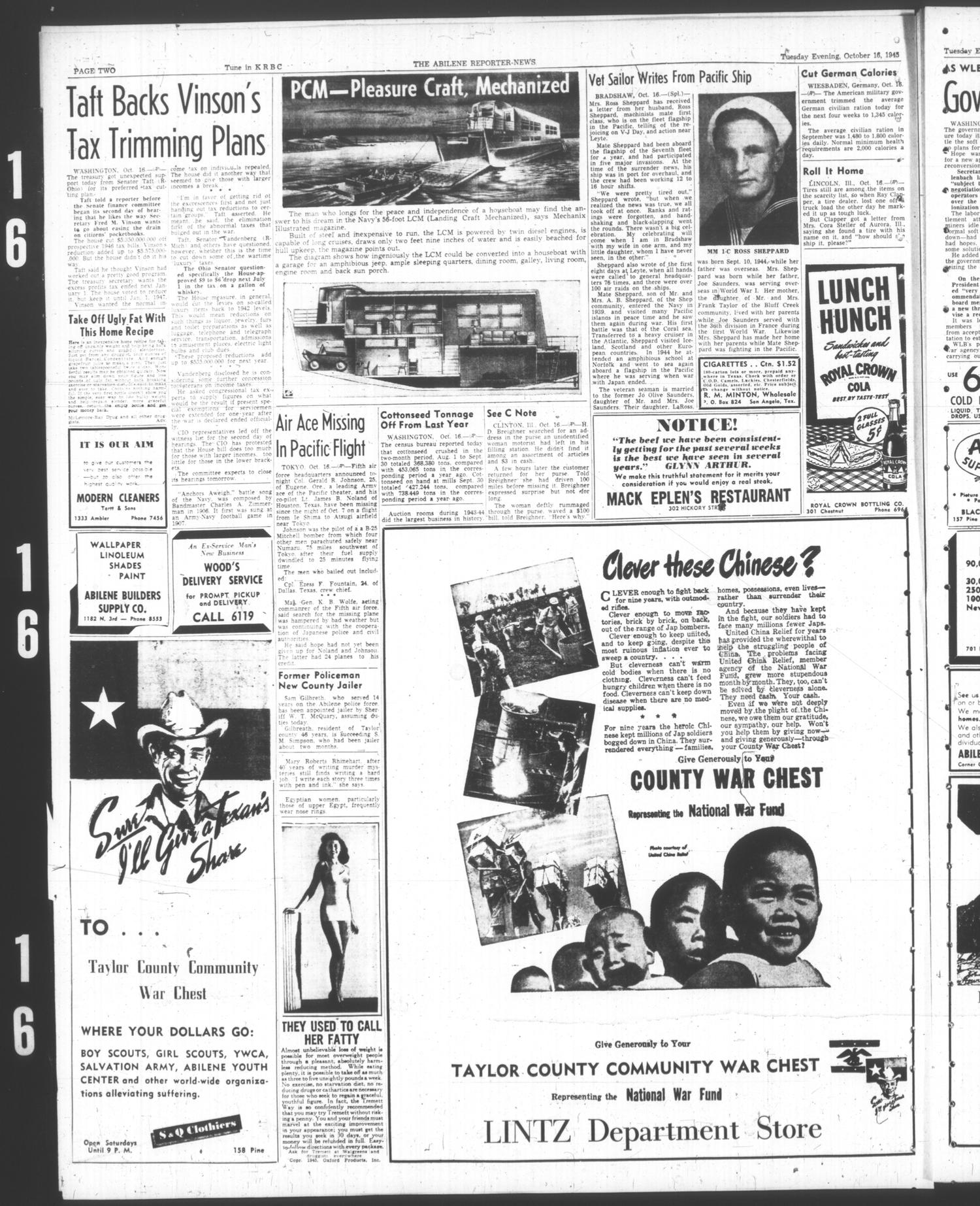 The Abilene Reporter-News (Abilene, Tex.), Vol. 65, No. 118, Ed. 2 Tuesday, October 16, 1945
                                                
                                                    [Sequence #]: 2 of 14
                                                