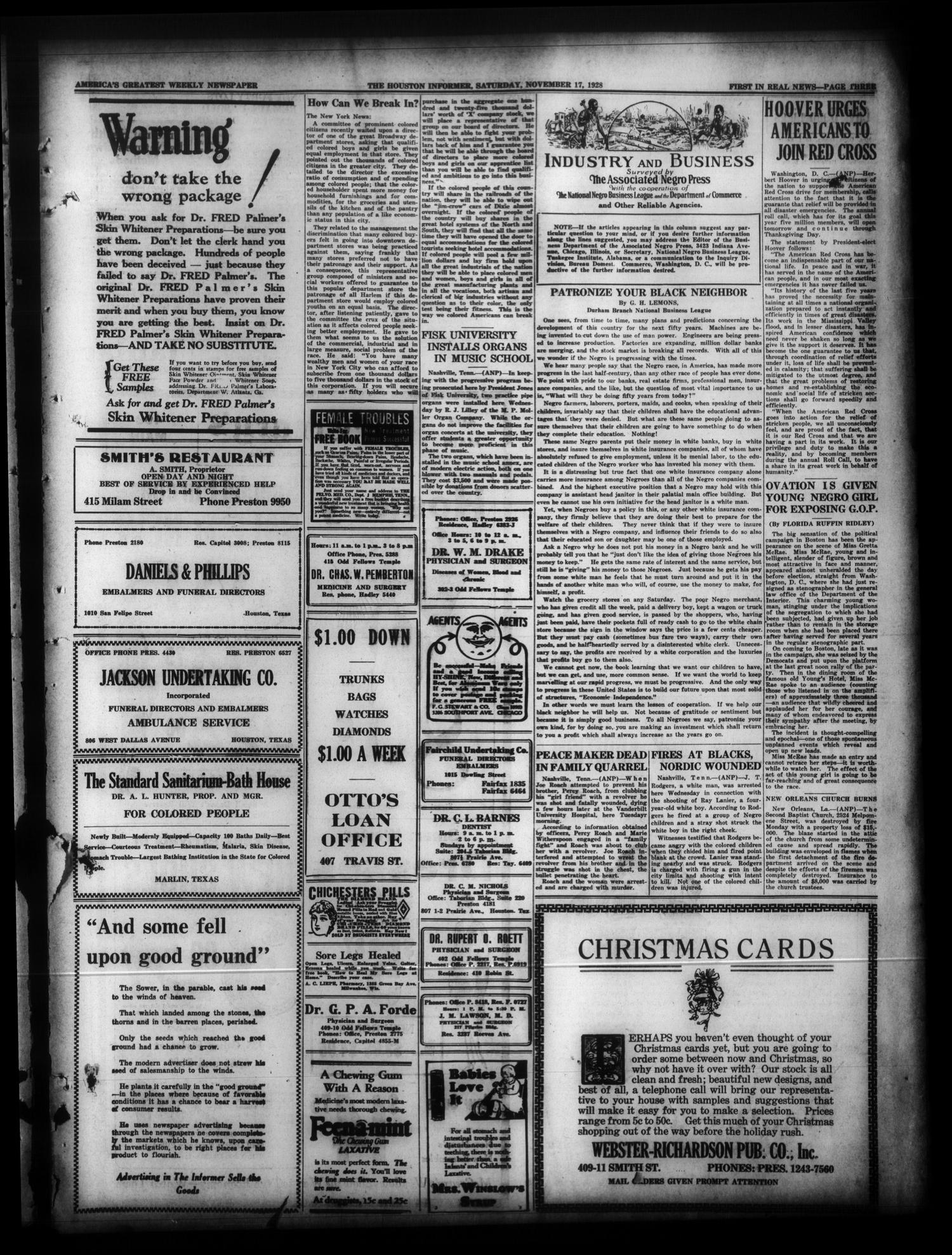 The Houston Informer (Houston, Tex.), Vol. 10, No. 26, Ed. 1 Saturday, November 17, 1928
                                                
                                                    [Sequence #]: 3 of 15
                                                