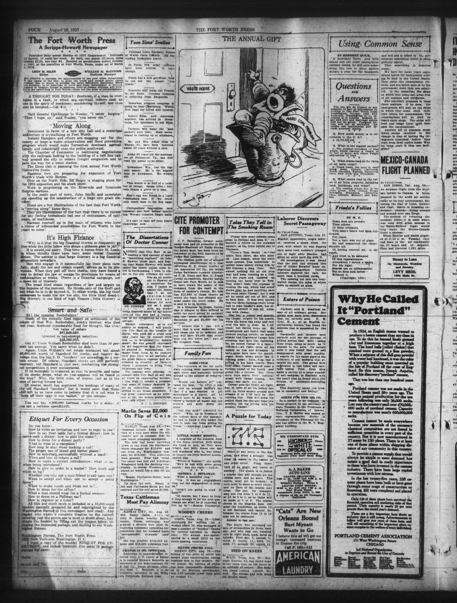 The Fort Worth Press (Fort Worth, Tex.), Vol. 2, No. 284, Ed. 1 Wednesday, August 29, 1923
                                                
                                                    [Sequence #]: 4 of 8
                                                