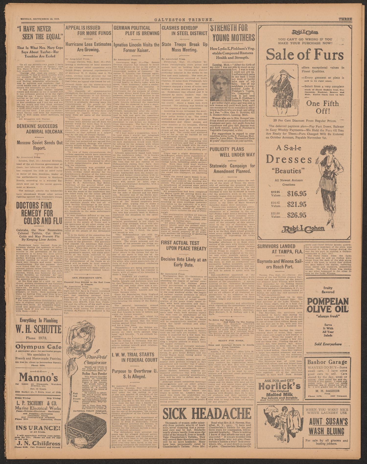Galveston Tribune. (Galveston, Tex.), Vol. 39, No. 257, Ed. 1 Monday, September 22, 1919
                                                
                                                    [Sequence #]: 3 of 10
                                                