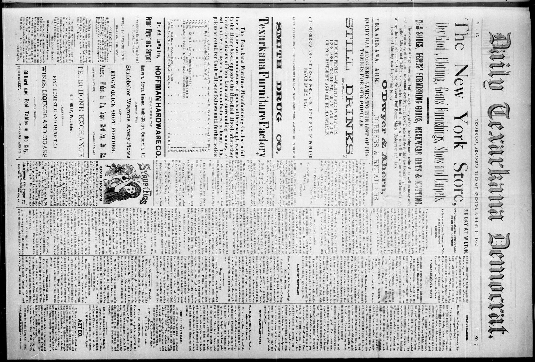 Daily Texarkana Democrat. (Texarkana, Ark.), Vol. 9, No. 7, Ed. 1 Tuesday, August 16, 1892
                                                
                                                    [Sequence #]: 1 of 4
                                                