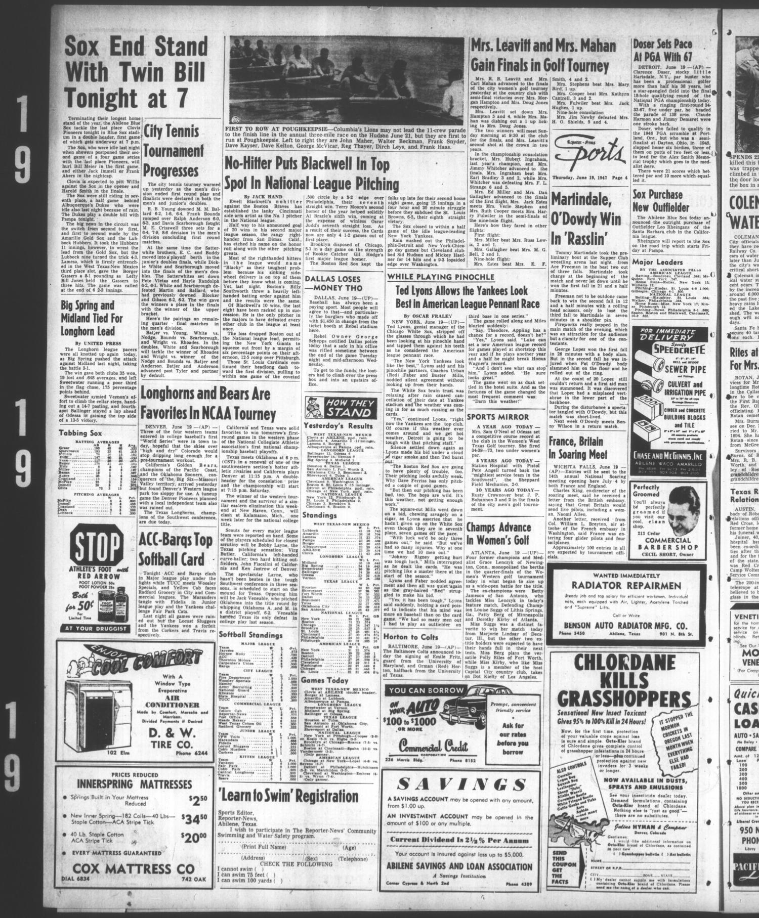 The Abilene Reporter-News (Abilene, Tex.), Vol. 66, No. 339, Ed. 2 Thursday, June 19, 1947
                                                
                                                    [Sequence #]: 4 of 18
                                                