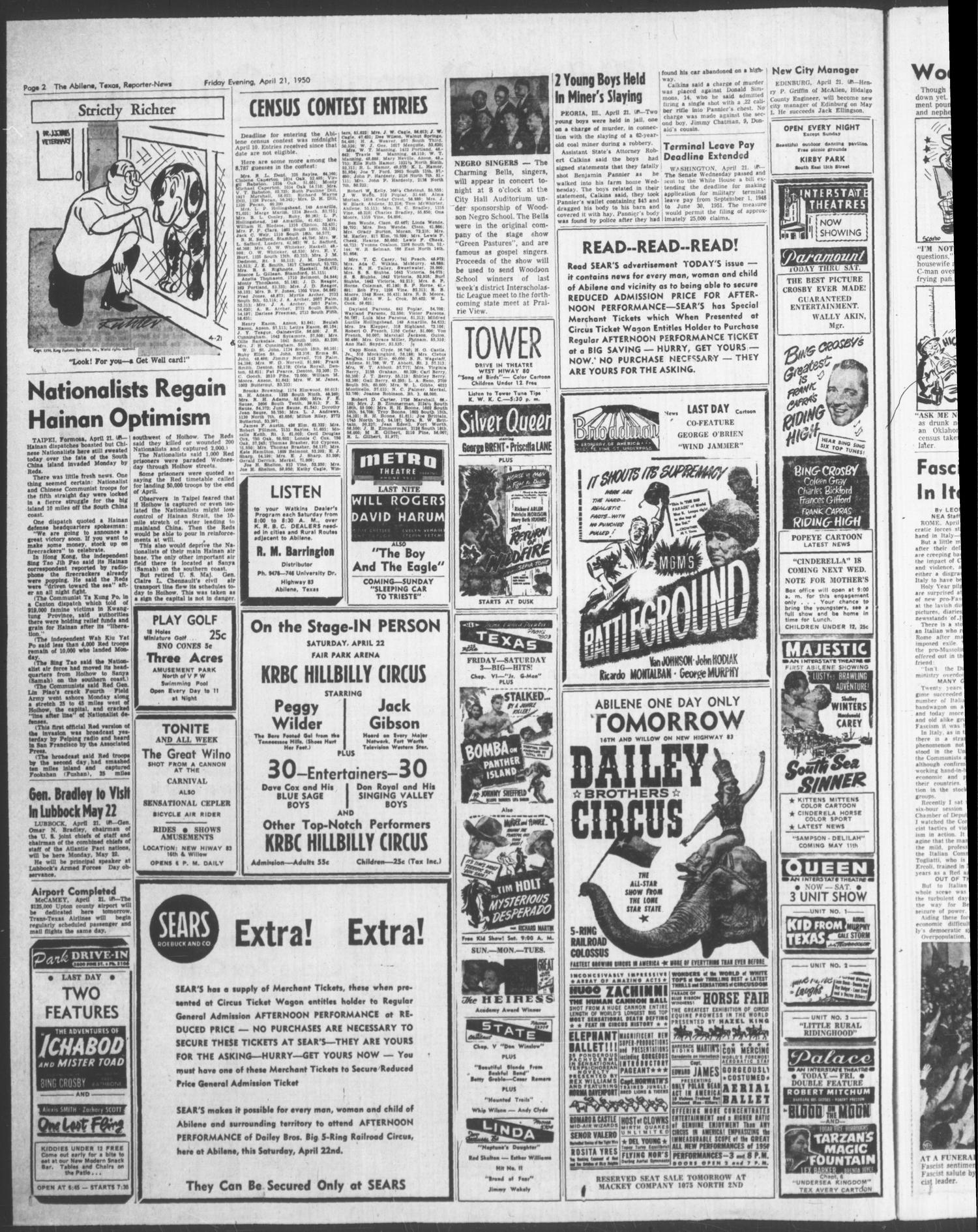 The Abilene Reporter-News (Abilene, Tex.), Vol. 69, No. 336, Ed. 2 Friday, April 21, 1950
                                                
                                                    [Sequence #]: 2 of 20
                                                