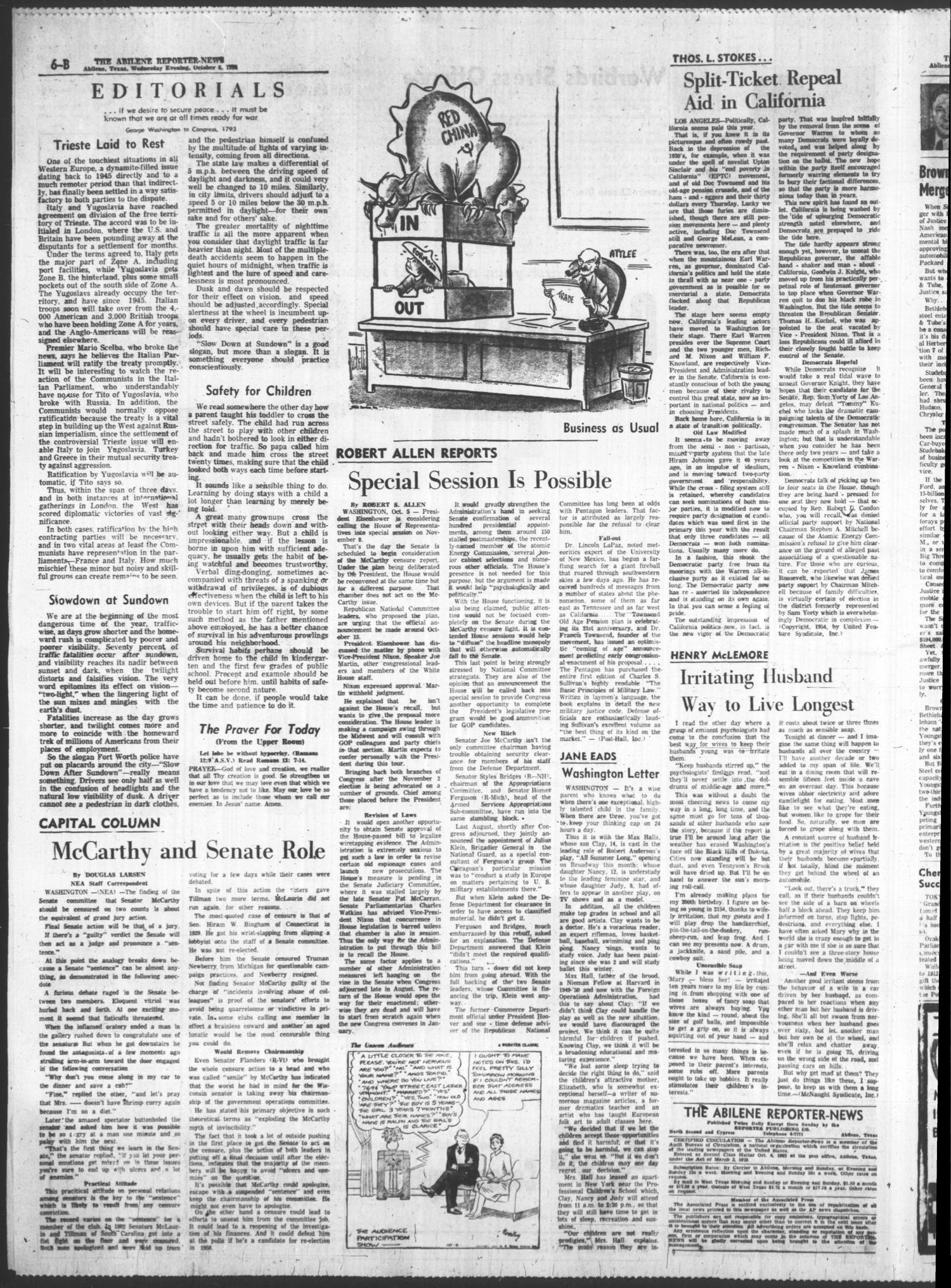 The Abilene Reporter-News (Abilene, Tex.), Vol. 74, No. 111, Ed. 2 Wednesday, October 6, 1954
                                                
                                                    [Sequence #]: 20 of 28
                                                