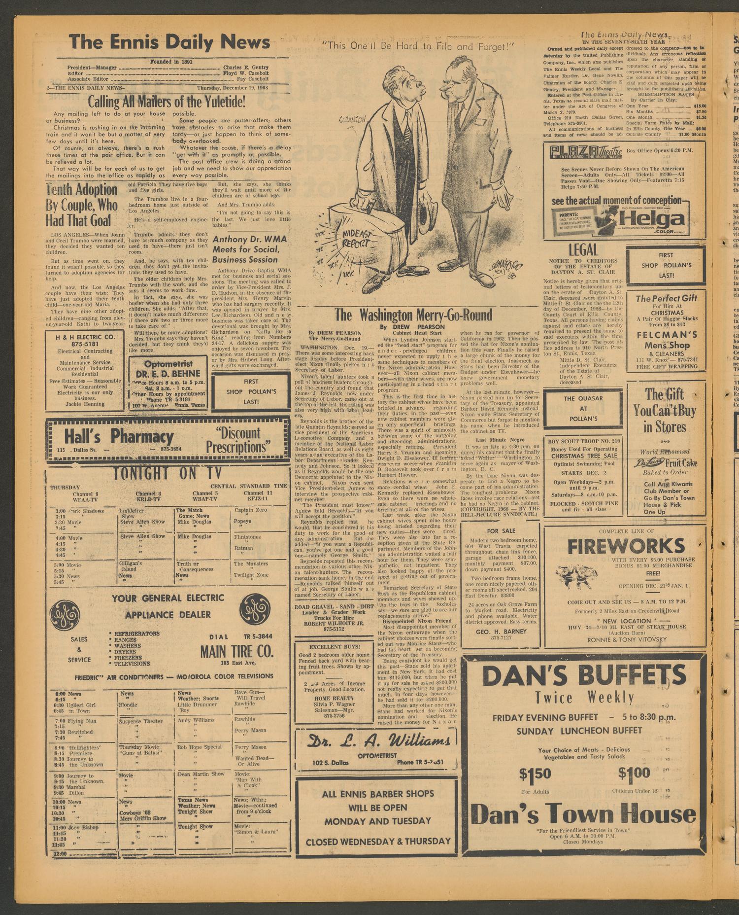 The Ennis Daily News (Ennis, Tex.), Vol. 76, No. 300, Ed. 1 Thursday, December 19, 1968
                                                
                                                    [Sequence #]: 2 of 6
                                                
