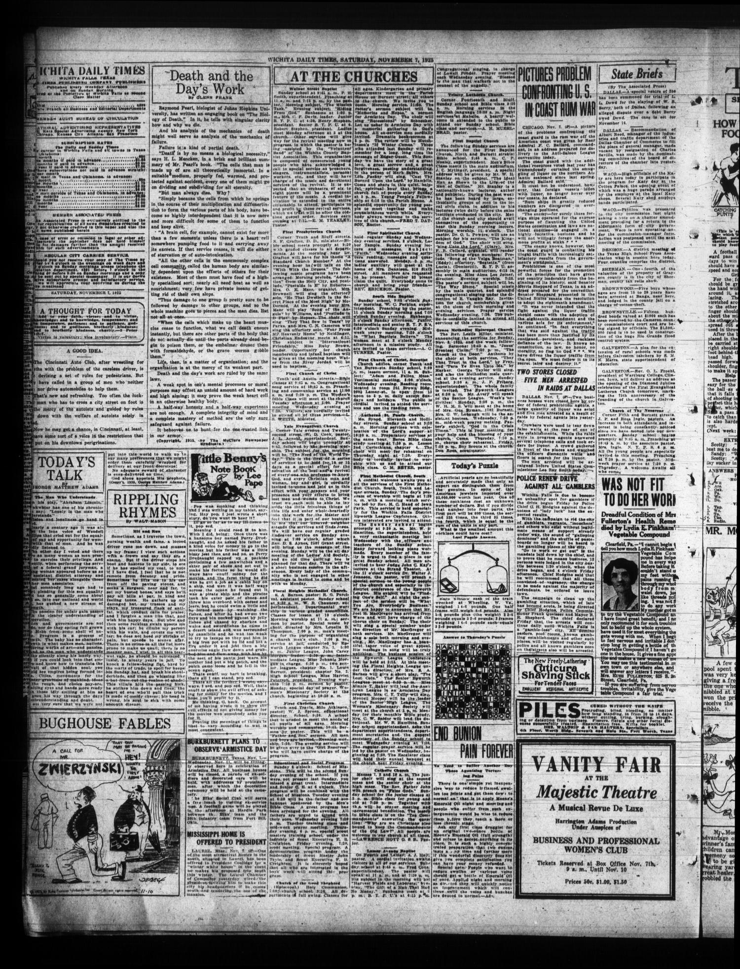 Wichita Daily Times (Wichita Falls, Tex.), Vol. 19, No. 178, Ed. 1 Saturday, November 7, 1925
                                                
                                                    [Sequence #]: 4 of 8
                                                