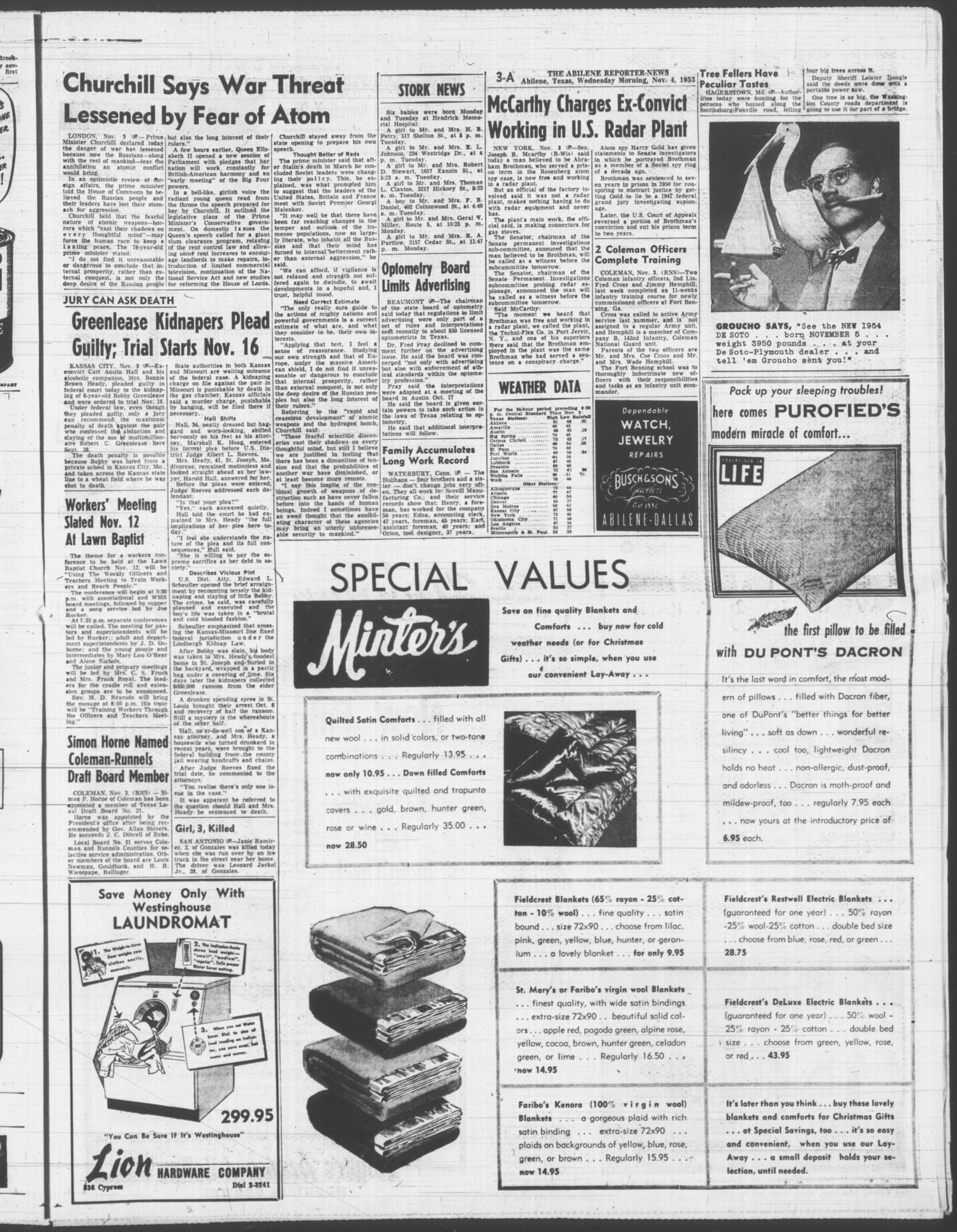 The Abilene Reporter-News (Abilene, Tex.), Vol. 73, No. 141, Ed. 1 Wednesday, November 4, 1953
                                                
                                                    [Sequence #]: 3 of 24
                                                