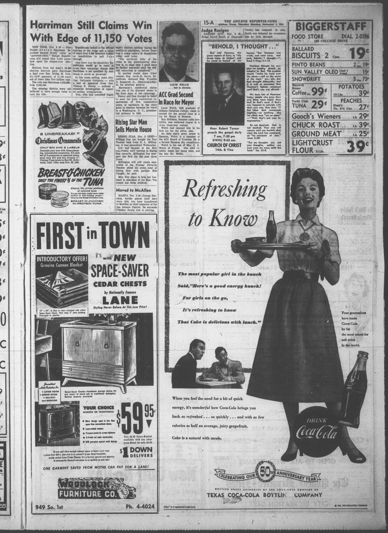 The Abilene Reporter-News (Abilene, Tex.), Vol. 74, No. 138, Ed. 1 Thursday, November 4, 1954
                                                
                                                    [Sequence #]: 15 of 32
                                                