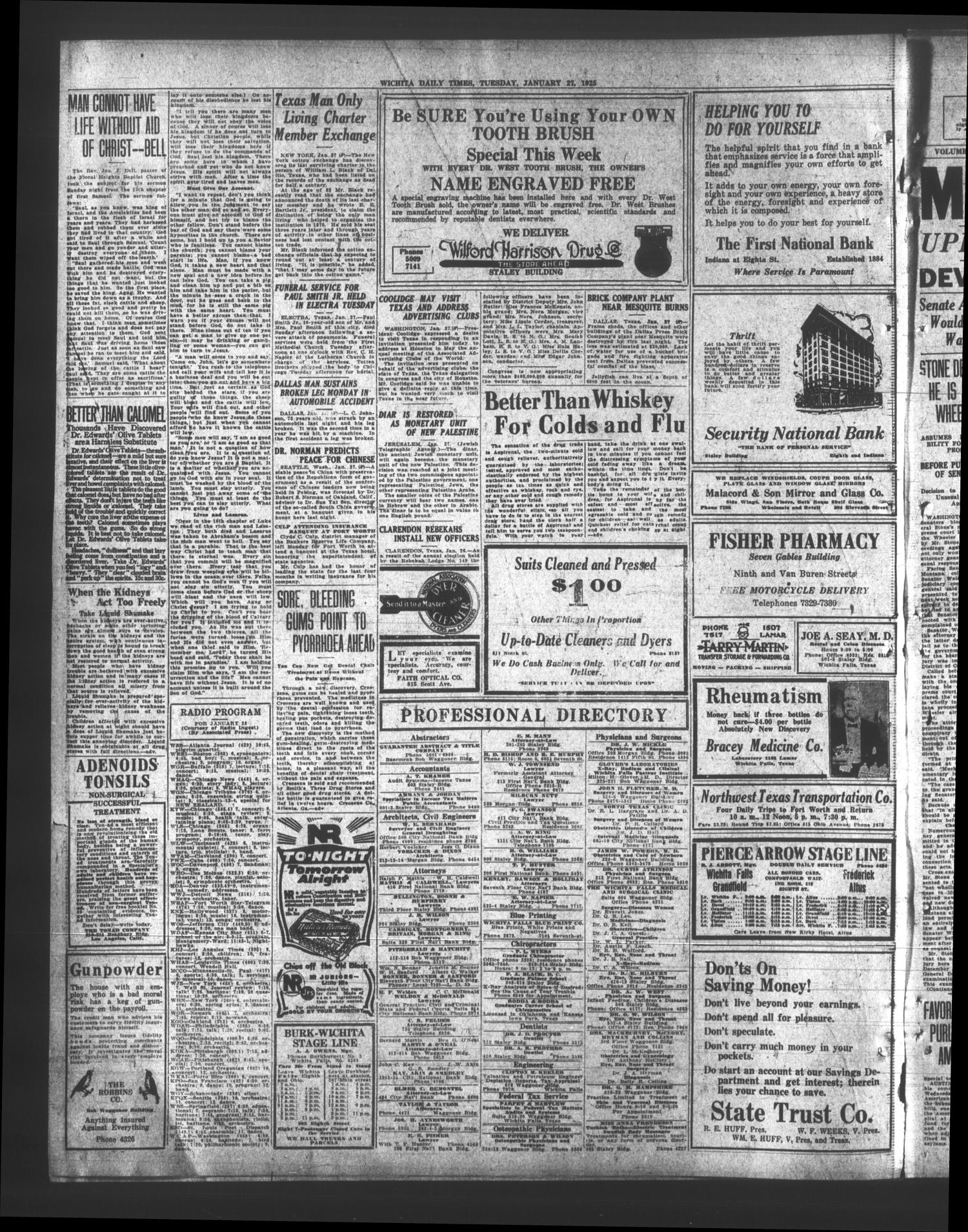 Wichita Daily Times (Wichita Falls, Tex.), Vol. 18, No. 259, Ed. 1 Tuesday, January 27, 1925
                                                
                                                    [Sequence #]: 14 of 14
                                                