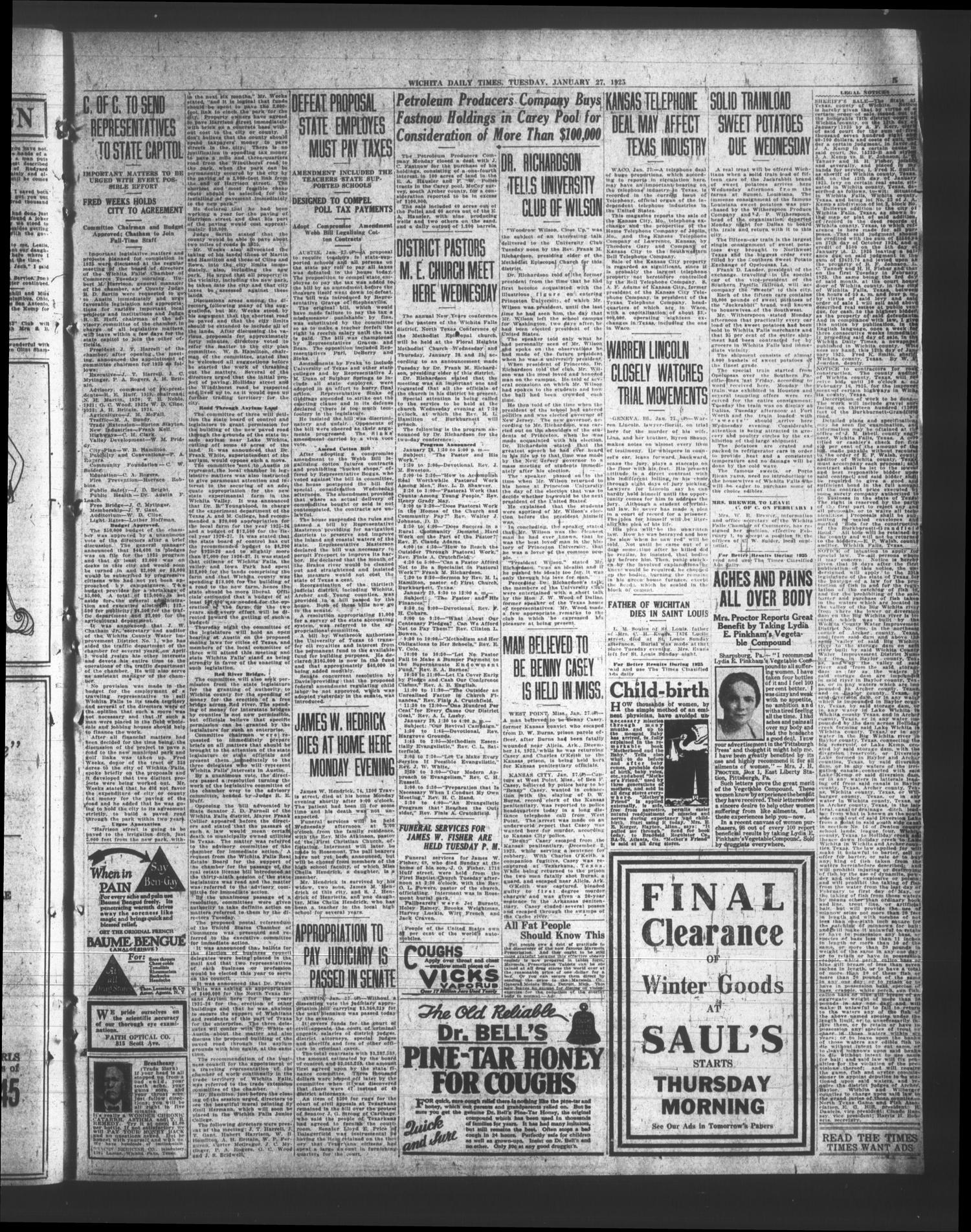 Wichita Daily Times (Wichita Falls, Tex.), Vol. 18, No. 259, Ed. 1 Tuesday, January 27, 1925
                                                
                                                    [Sequence #]: 5 of 14
                                                