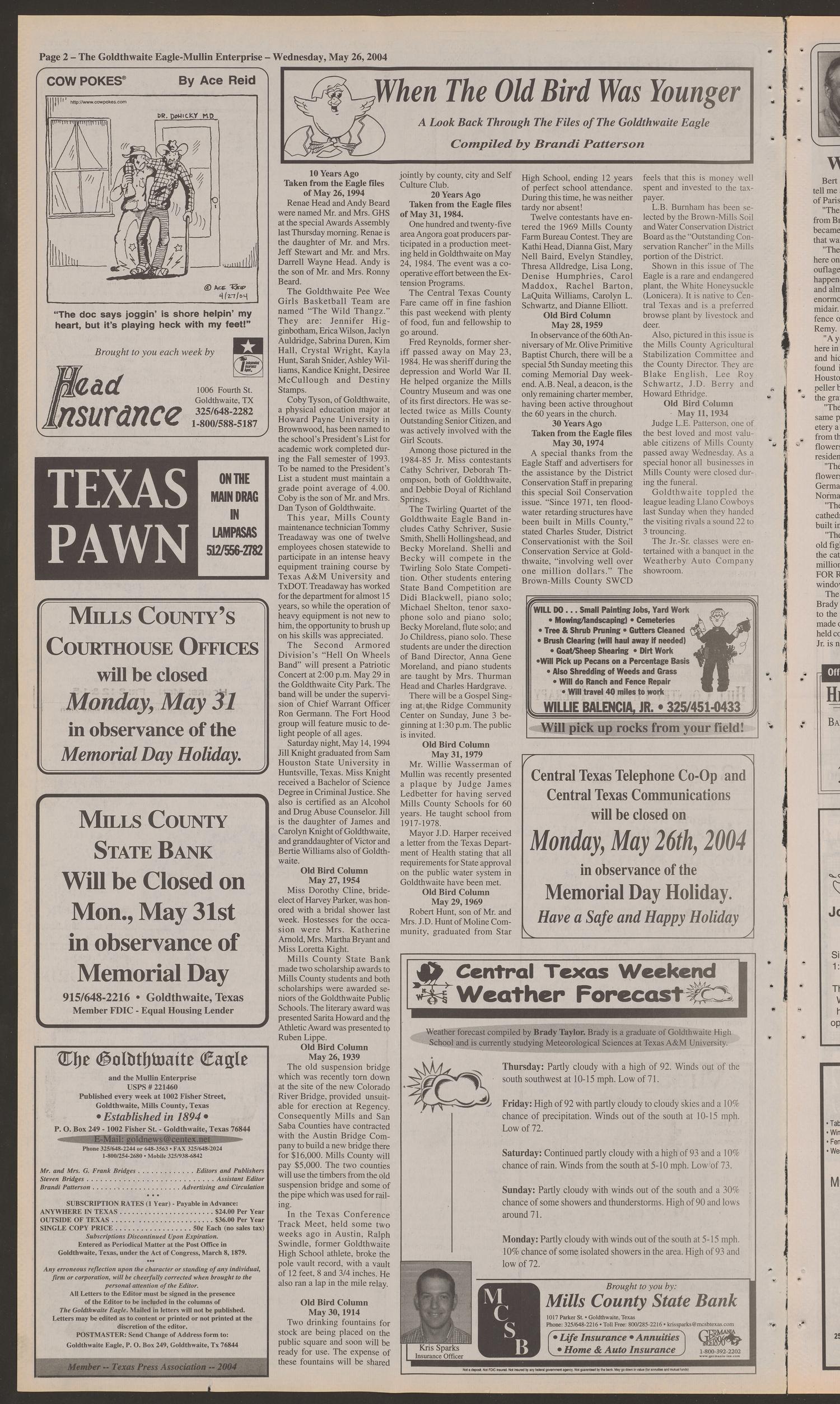 The Goldthwaite Eagle (Goldthwaite, Tex.), Vol. 108, No. 46, Ed. 1 Wednesday, May 26, 2004
                                                
                                                    [Sequence #]: 2 of 18
                                                