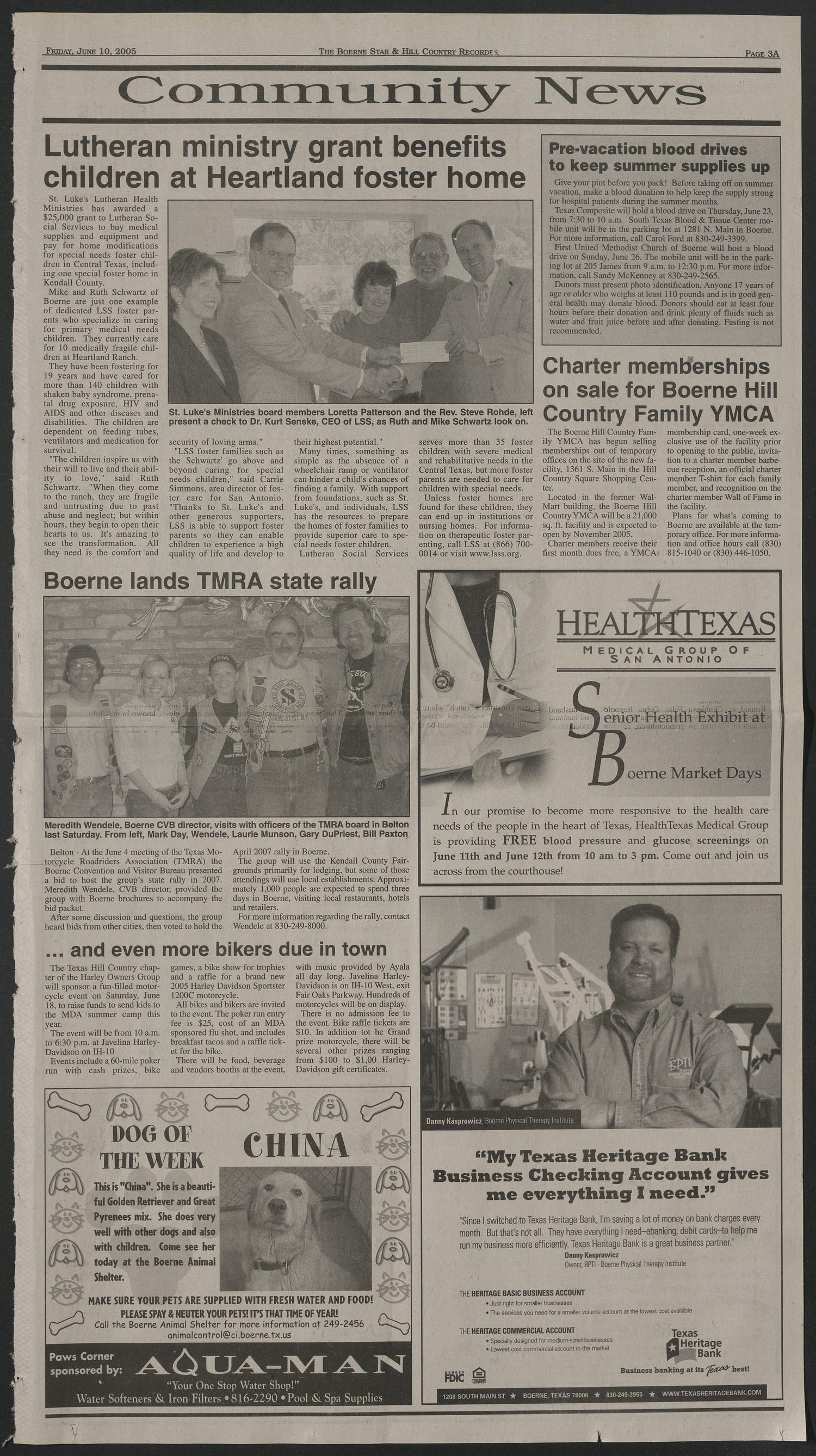 Boerne Star & Hill Country Recorder (Boerne, Tex.), Vol. 99, No. 39, Ed. 1 Friday, June 10, 2005
                                                
                                                    [Sequence #]: 3 of 36
                                                