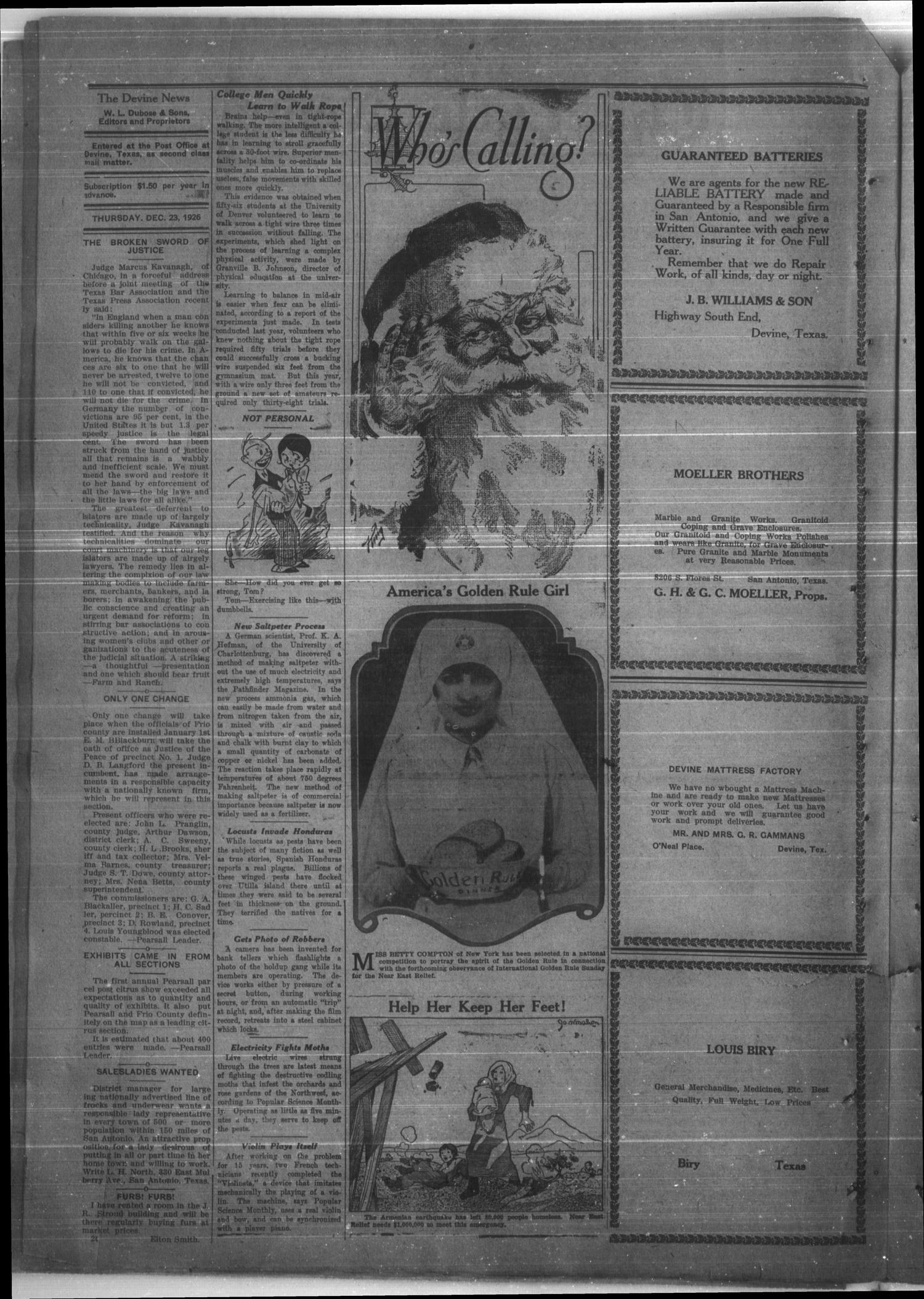 The Devine News (Devine, Tex.), Vol. 30, No. 51, Ed. 1 Thursday, December 23, 1926
                                                
                                                    [Sequence #]: 4 of 6
                                                