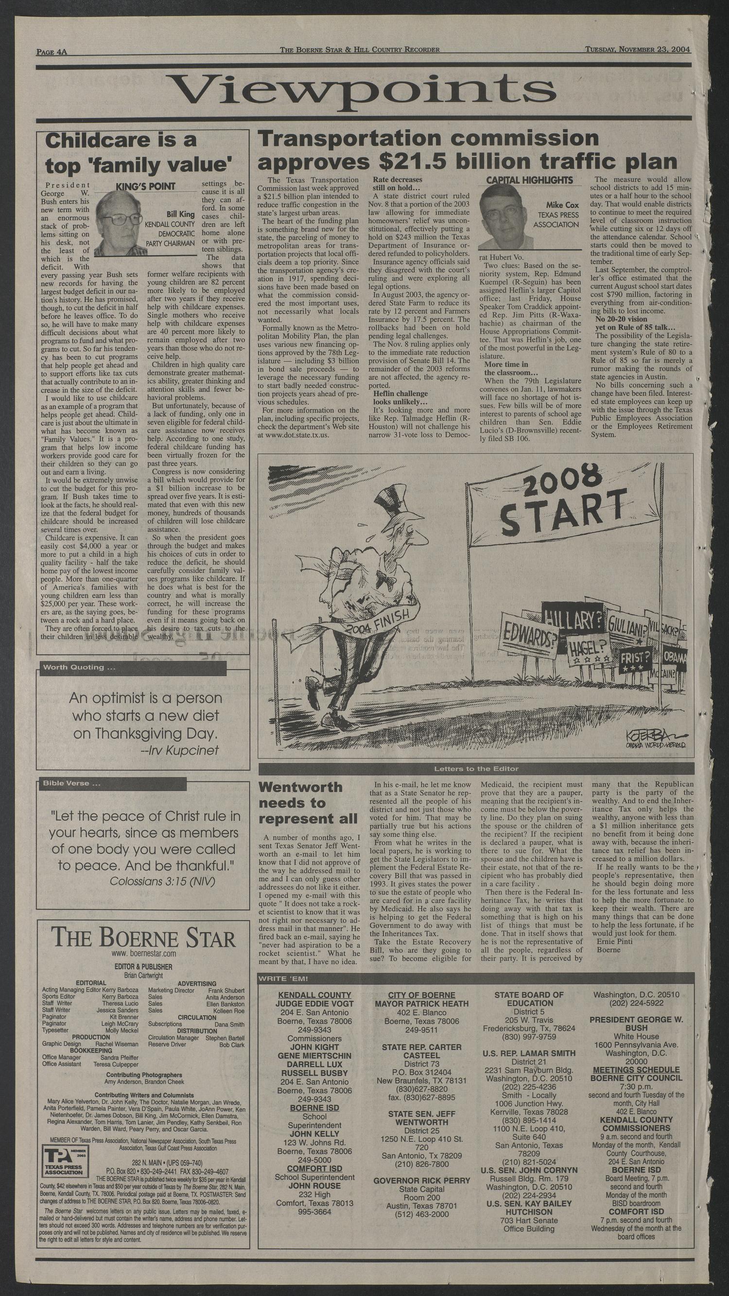 Boerne Star & Hill Country Recorder (Boerne, Tex.), Vol. 98, No. 82, Ed. 1 Tuesday, November 23, 2004
                                                
                                                    [Sequence #]: 4 of 24
                                                