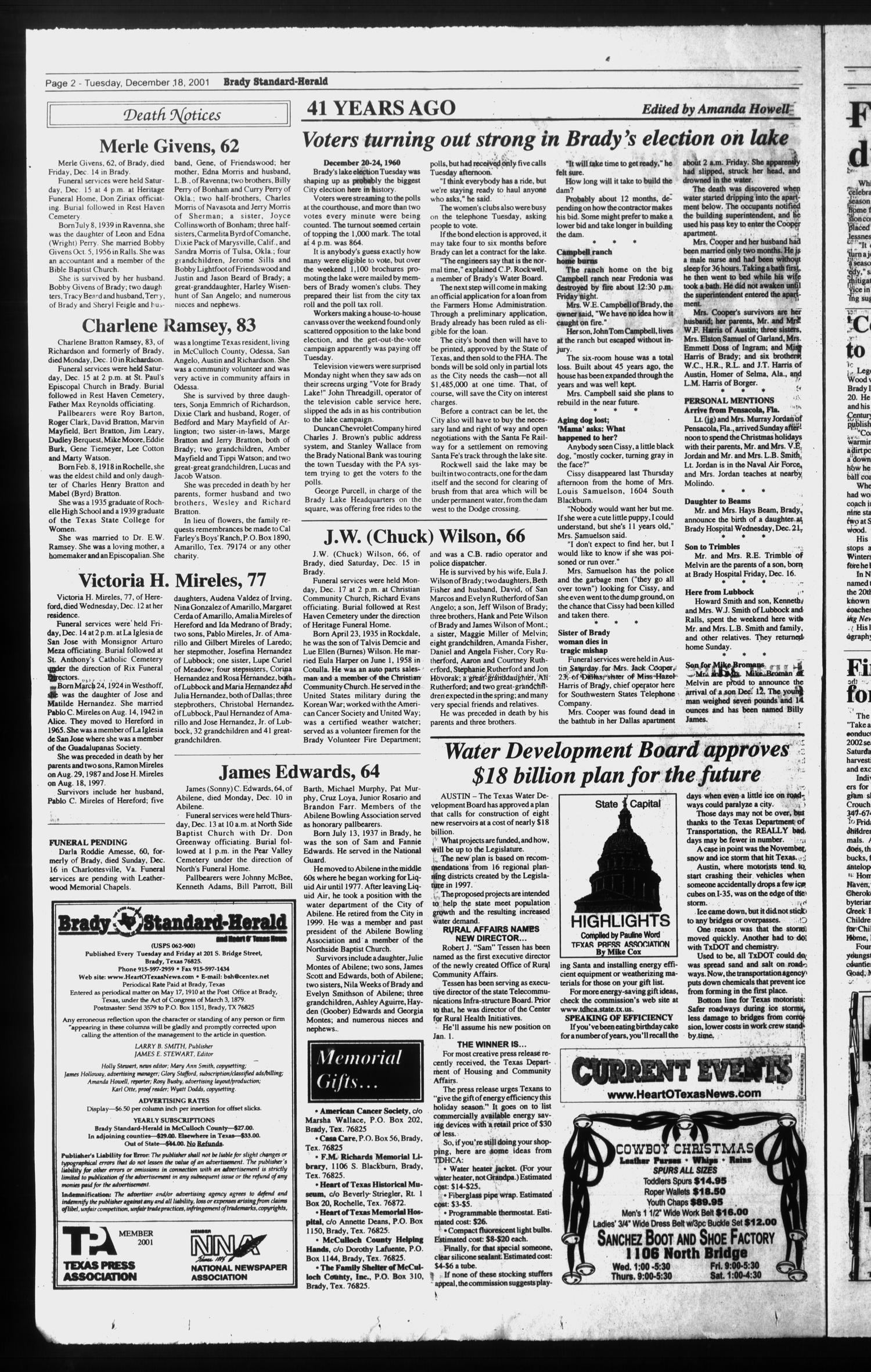 Brady Standard-Herald and Heart O' Texas News (Brady, Tex.), Ed. 1 Tuesday, December 18, 2001
                                                
                                                    [Sequence #]: 2 of 10
                                                