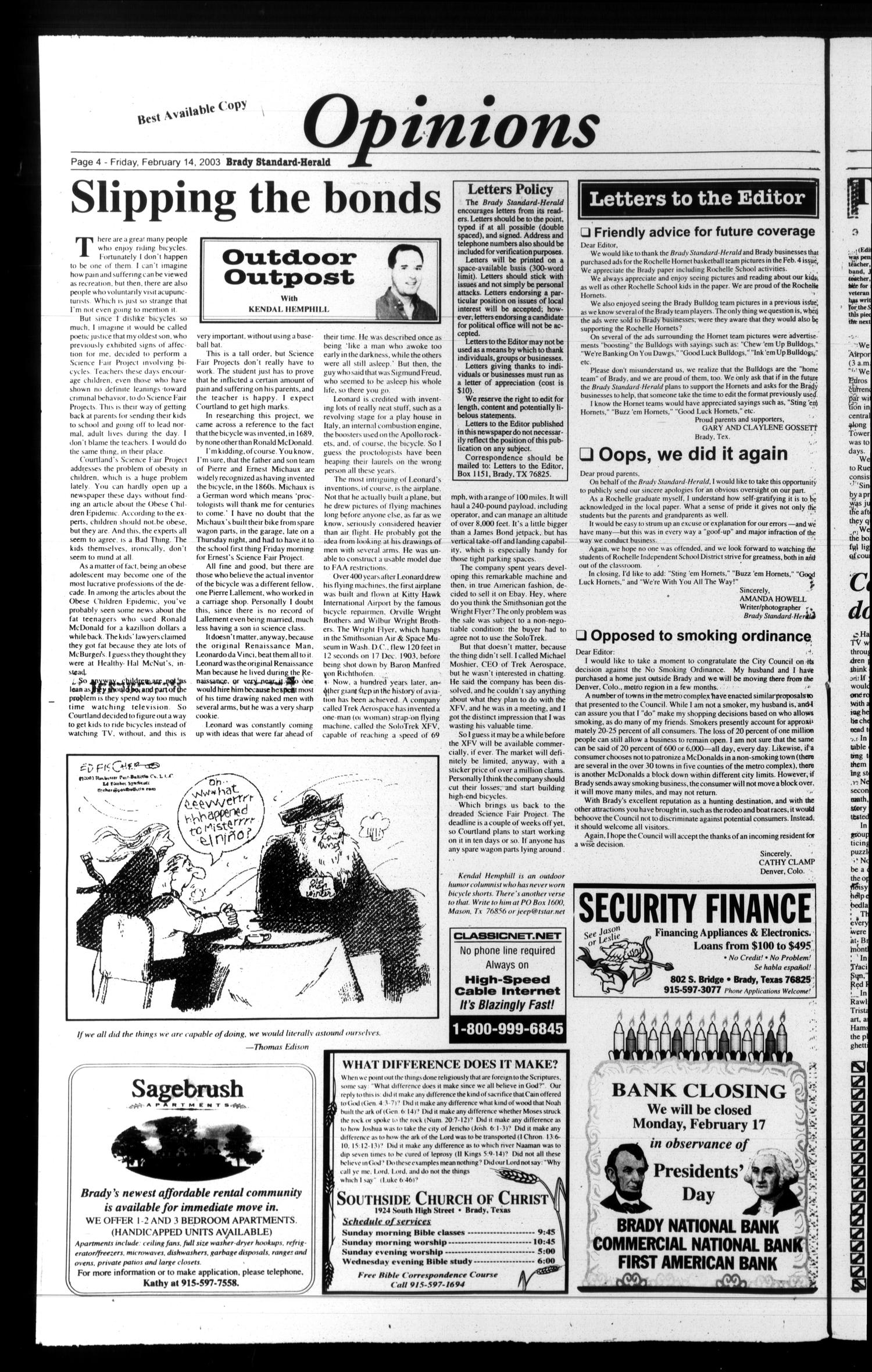 Brady Standard-Herald and Heart O' Texas News (Brady, Tex.), Ed. 1 Friday, February 14, 2003
                                                
                                                    [Sequence #]: 4 of 14
                                                
