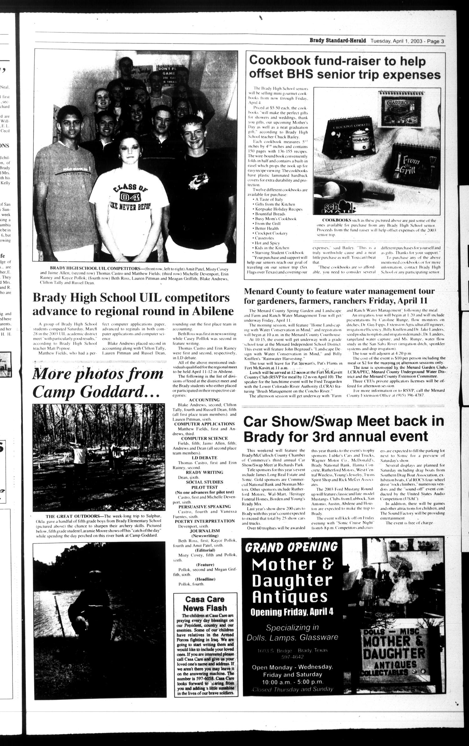 Brady Standard-Herald and Heart O' Texas News (Brady, Tex.), Ed. 1 Tuesday, April 1, 2003
                                                
                                                    [Sequence #]: 3 of 8
                                                