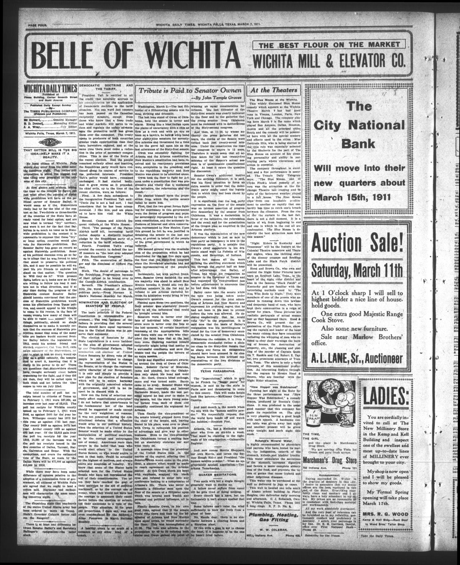 Wichita Daily Times. (Wichita Falls, Tex.), Vol. 4, No. 256, Ed. 1 Tuesday, March 7, 1911
                                                
                                                    [Sequence #]: 4 of 8
                                                