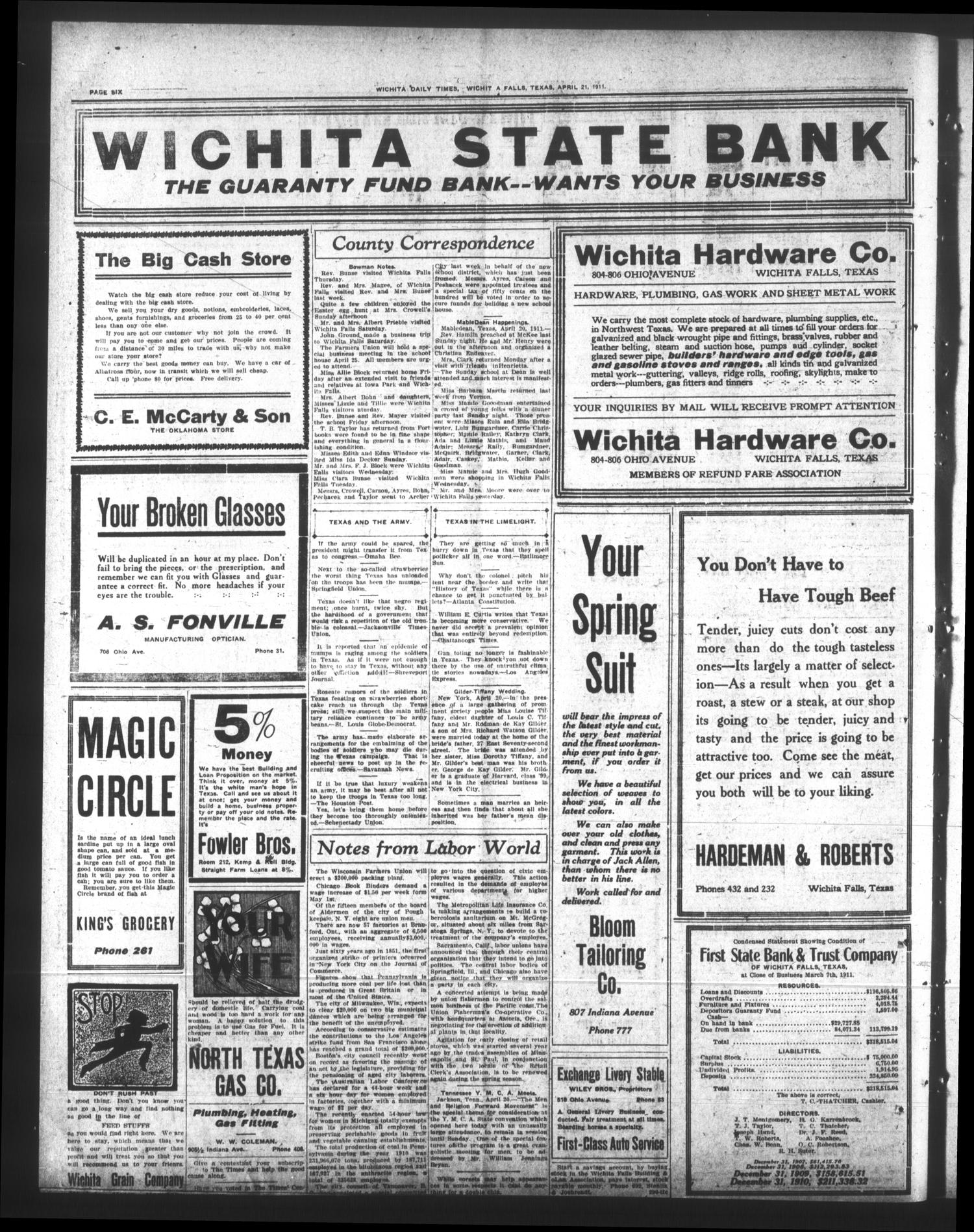Wichita Daily Times. (Wichita Falls, Tex.), Vol. 4, No. 295, Ed. 1 Friday, April 21, 1911
                                                
                                                    [Sequence #]: 6 of 8
                                                