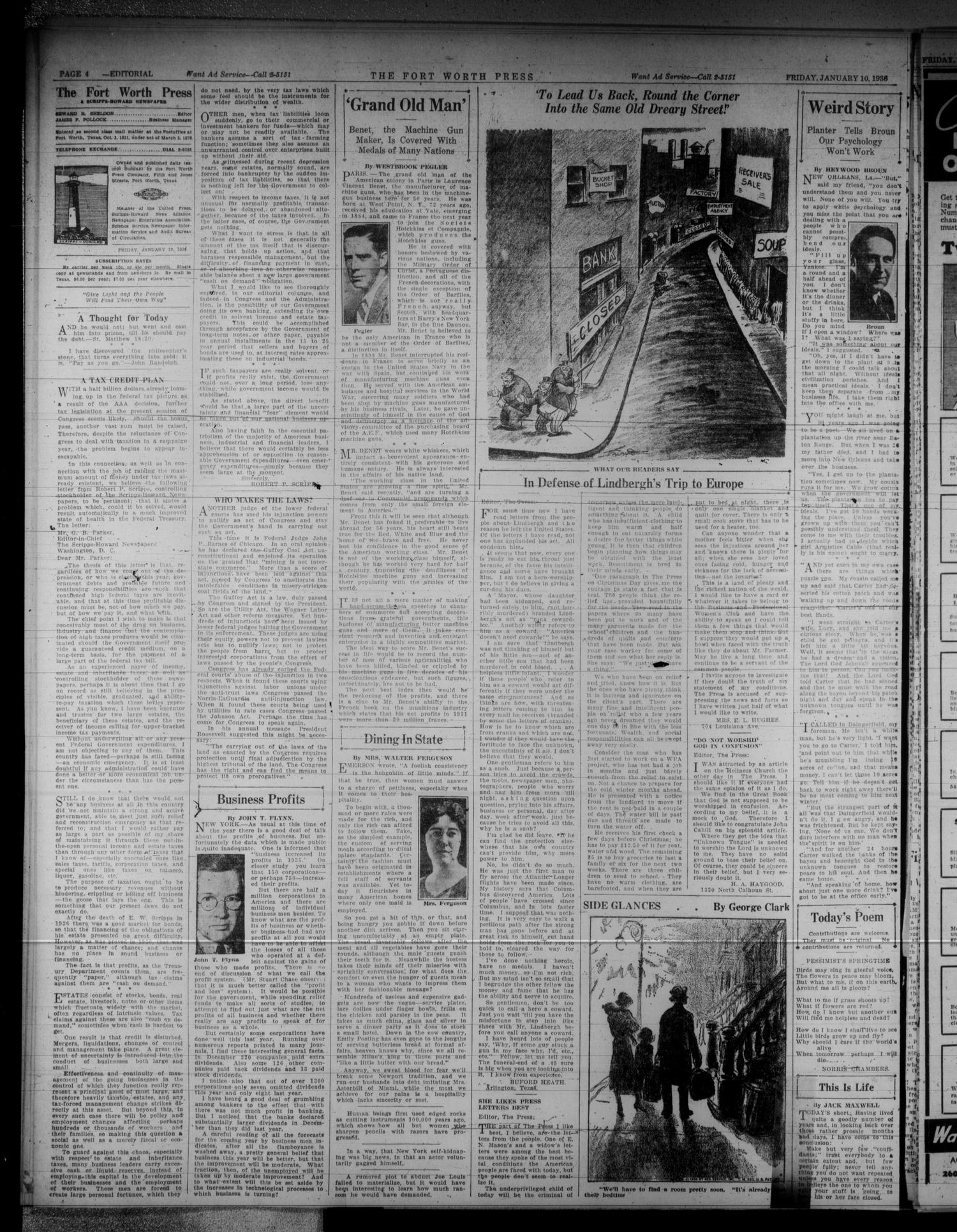 The Fort Worth Press (Fort Worth, Tex.), Vol. 15, No. 86, Ed. 1 Friday, January 10, 1936
                                                
                                                    [Sequence #]: 4 of 20
                                                