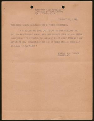 Primary view of object titled '[Letter from R. K. Turner to Temporary Task Force 67, February 18, 1943]'.