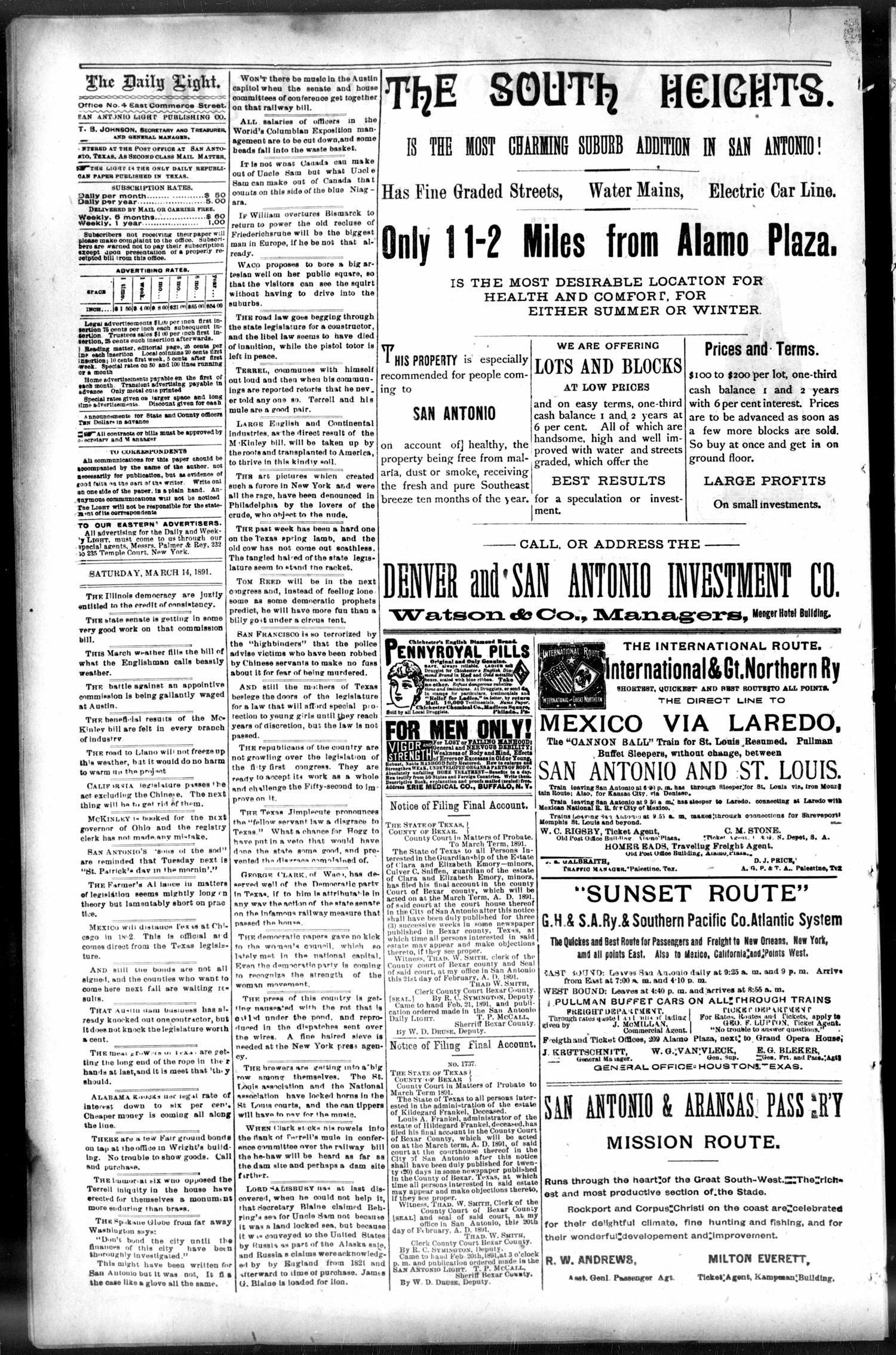 San Antonio Daily Light. (San Antonio, Tex.), Vol. 11, No. 48, Ed. 1 Saturday, March 14, 1891
                                                
                                                    [Sequence #]: 2 of 8
                                                