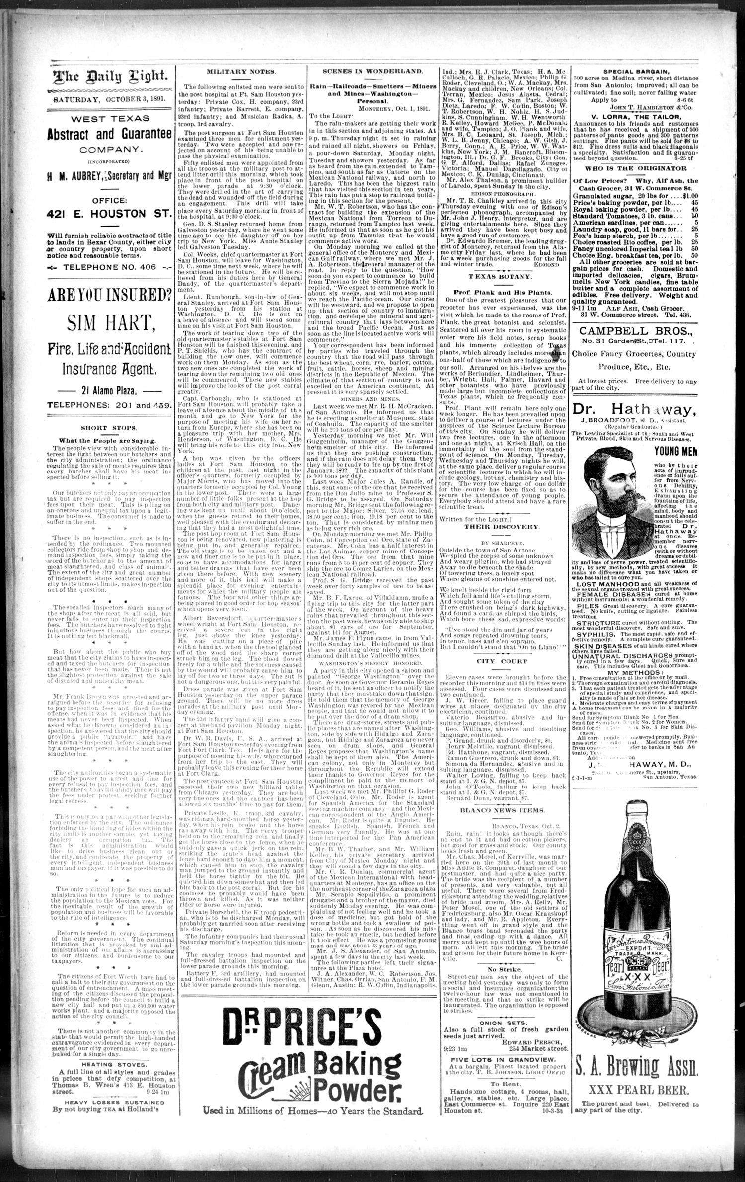 San Antonio Daily Light. (San Antonio, Tex.), Vol. 11, No. 221, Ed. 1 Saturday, October 3, 1891
                                                
                                                    [Sequence #]: 4 of 8
                                                