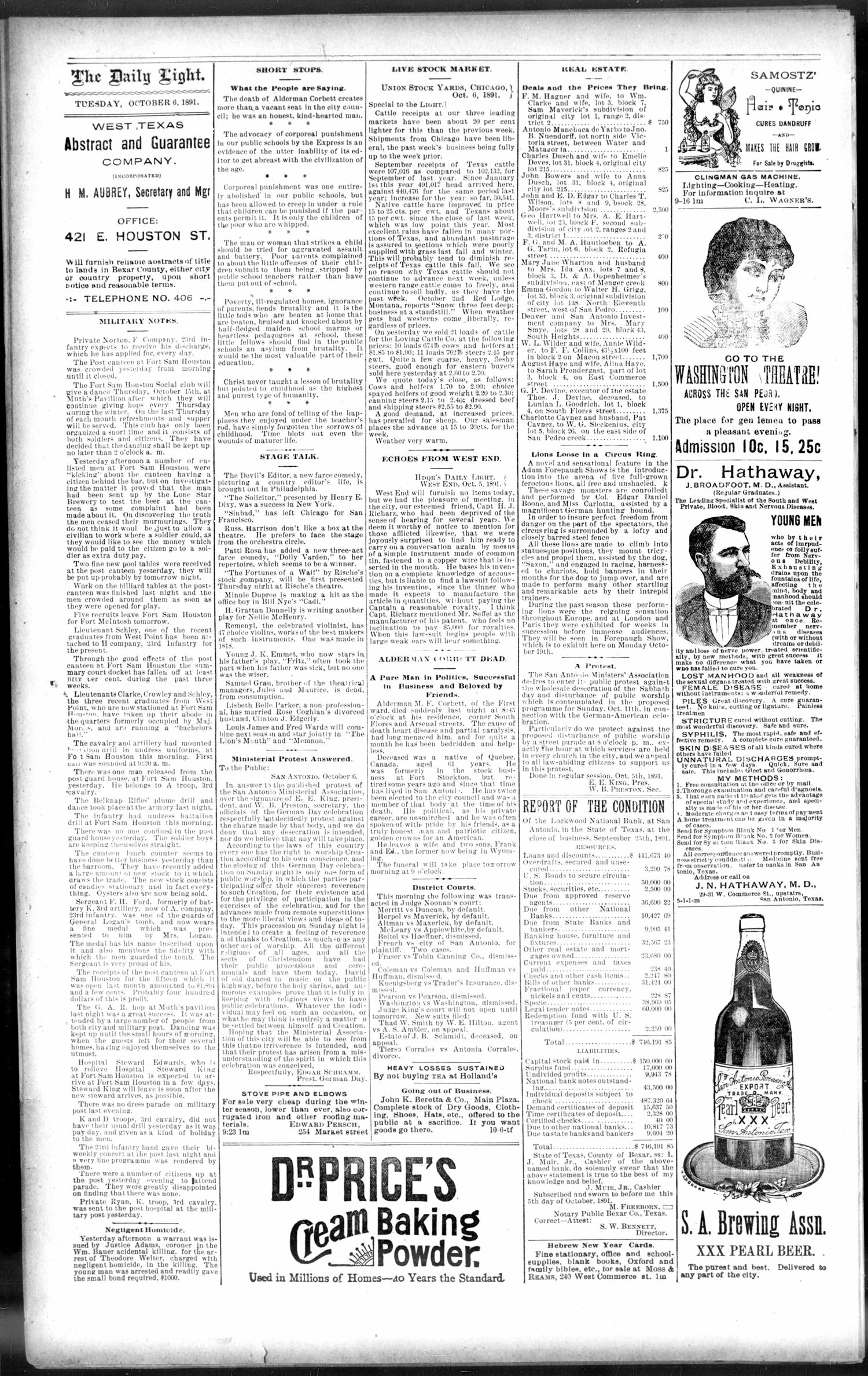 San Antonio Daily Light. (San Antonio, Tex.), Vol. 11, No. 223, Ed. 1 Tuesday, October 6, 1891
                                                
                                                    [Sequence #]: 4 of 8
                                                