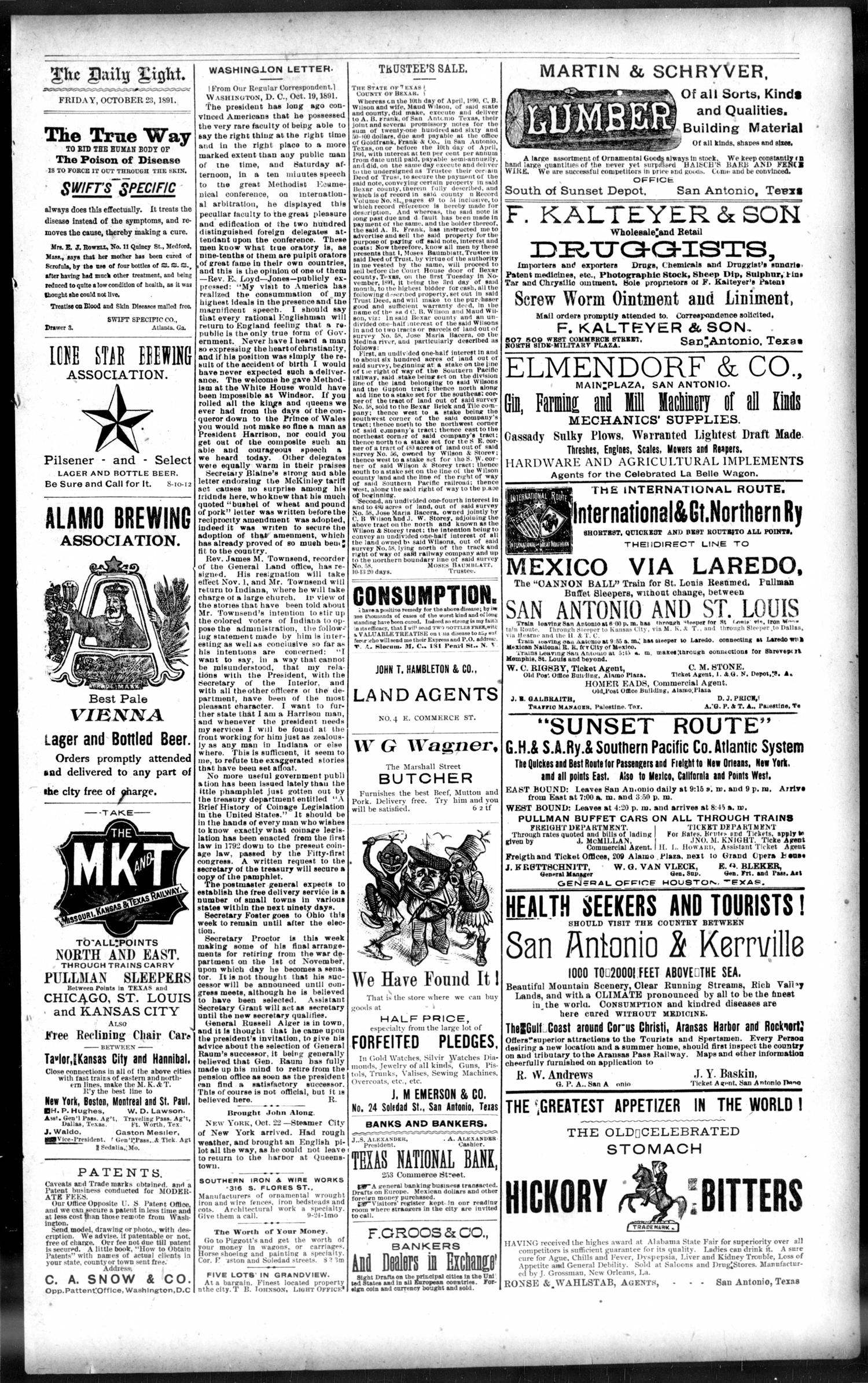 San Antonio Daily Light. (San Antonio, Tex.), Vol. 11, No. 238, Ed. 1 Friday, October 23, 1891
                                                
                                                    [Sequence #]: 3 of 8
                                                