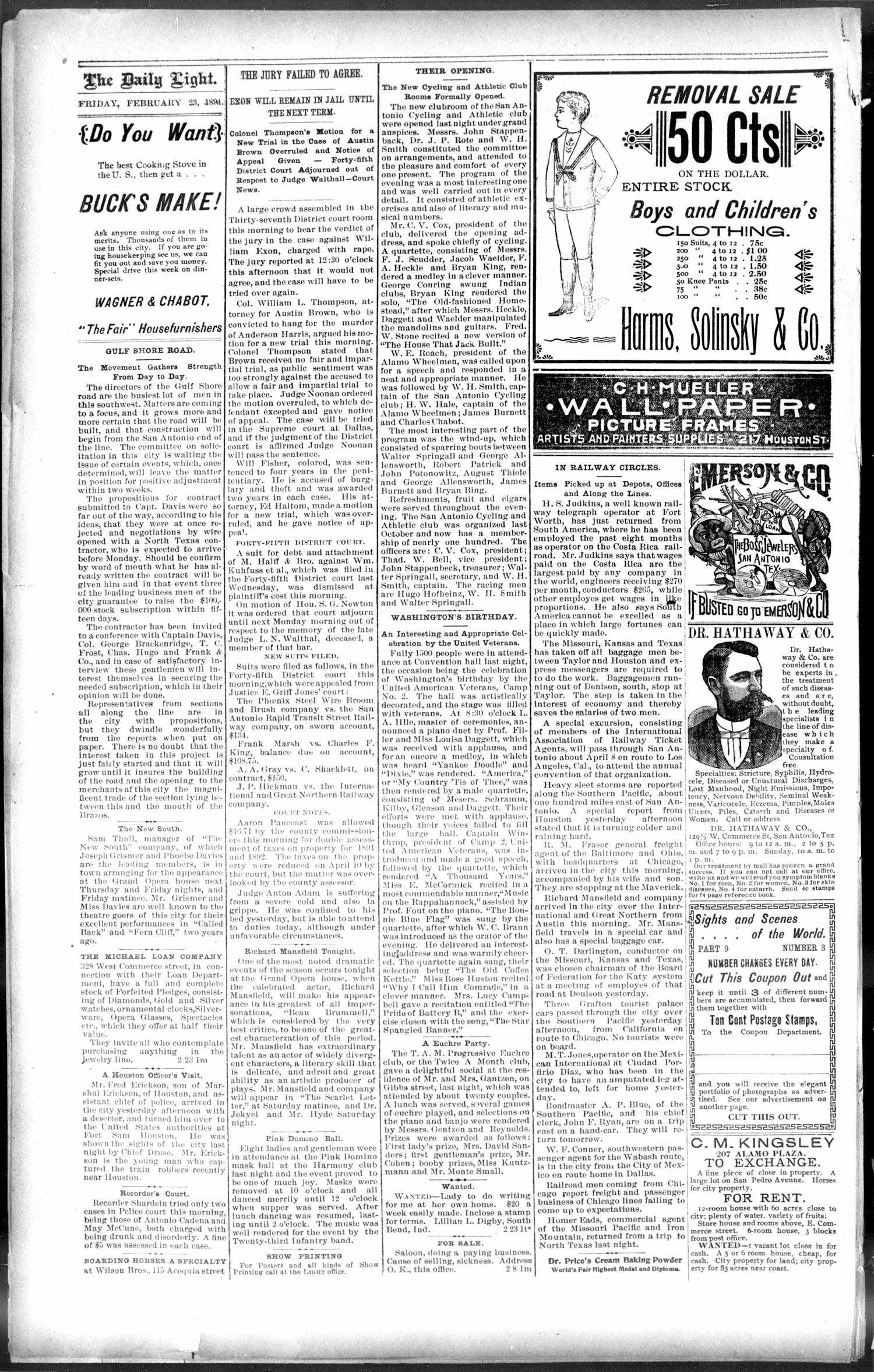 San Antonio Daily Light. (San Antonio, Tex.), Vol. 14, No. 30, Ed. 1 Friday, February 23, 1894
                                                
                                                    [Sequence #]: 4 of 8
                                                