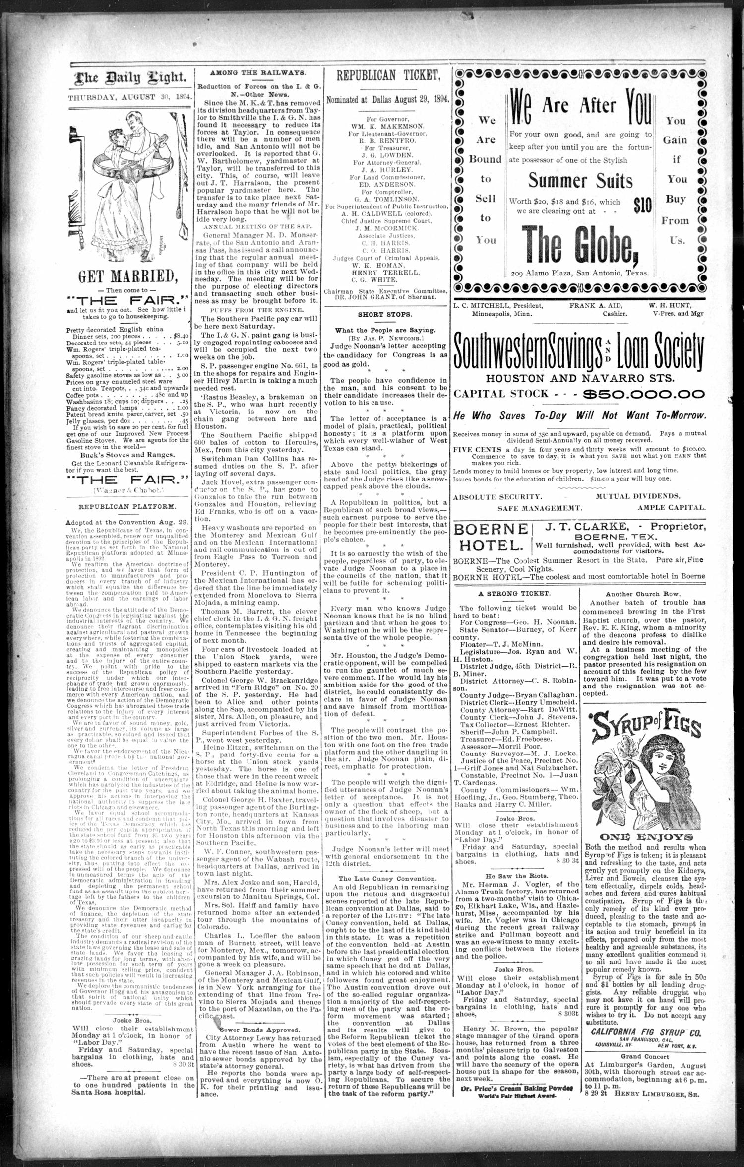 San Antonio Daily Light. (San Antonio, Tex.), Vol. 14, No. 190, Ed. 1 Thursday, August 30, 1894
                                                
                                                    [Sequence #]: 4 of 8
                                                