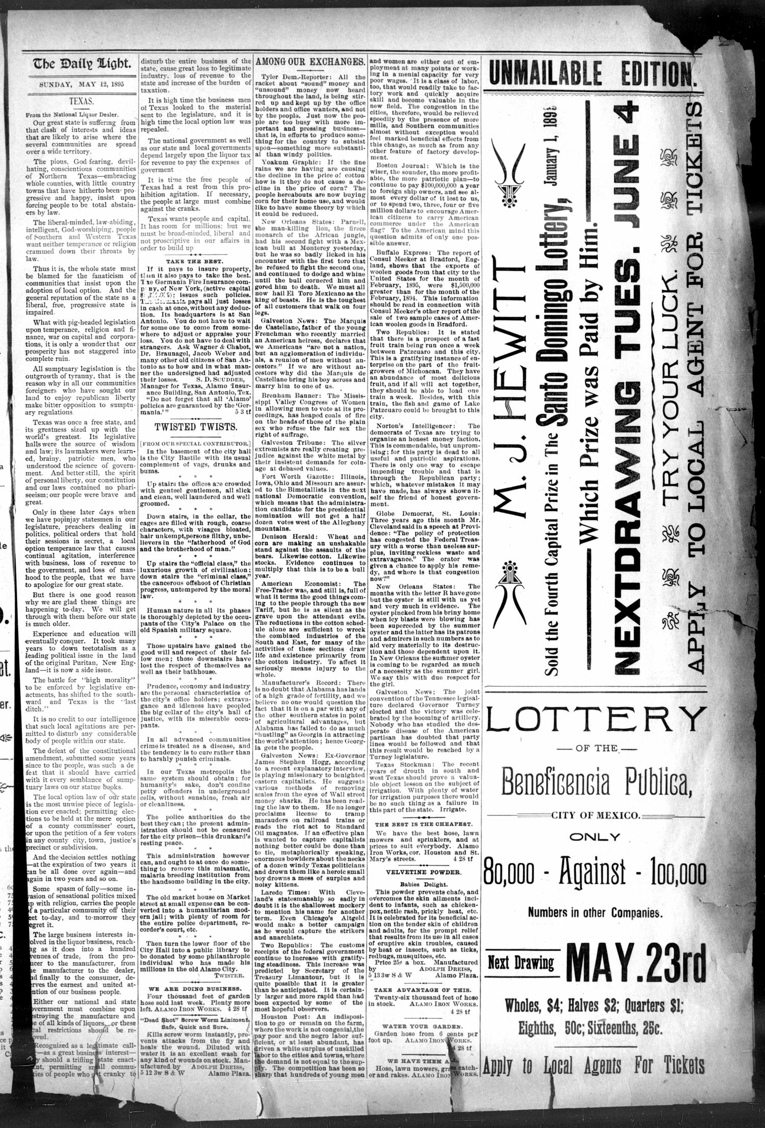 San Antonio Daily Light. (San Antonio, Tex.), Vol. 15, No. 103, Ed. 1 Sunday, May 12, 1895
                                                
                                                    [Sequence #]: 3 of 8
                                                