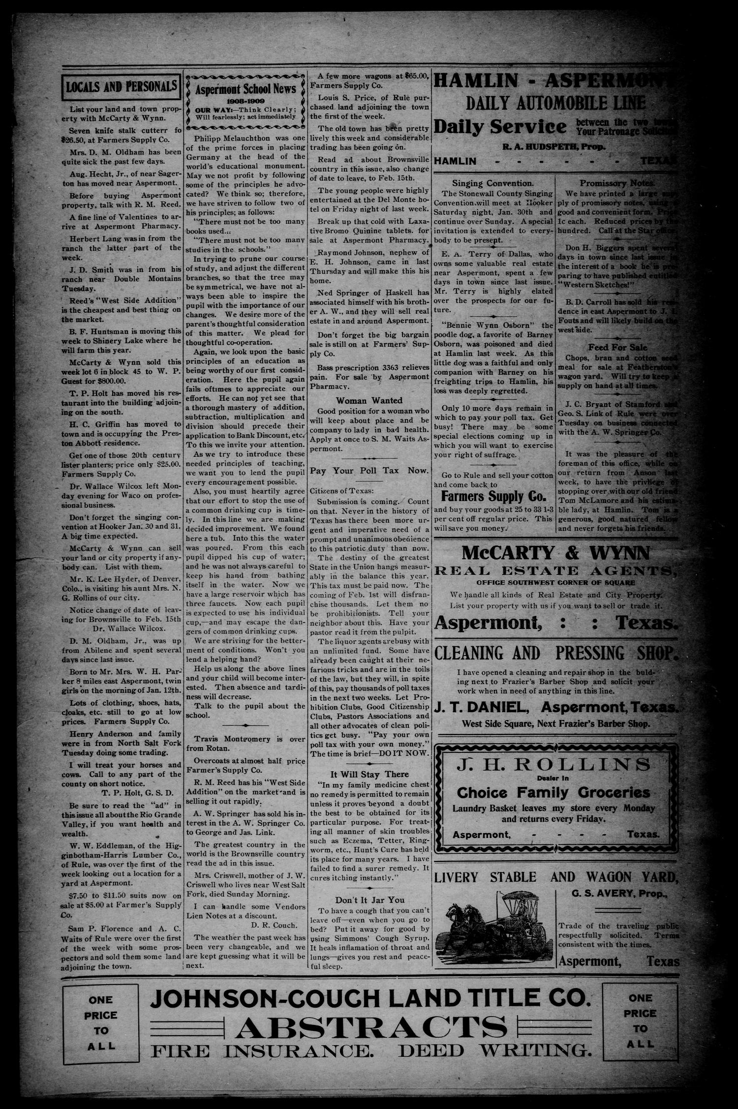 The Aspermont Star (Aspermont, Tex.), Vol. 11, No. 28, Ed. 1 Thursday, January 21, 1909
                                                
                                                    [Sequence #]: 4 of 8
                                                