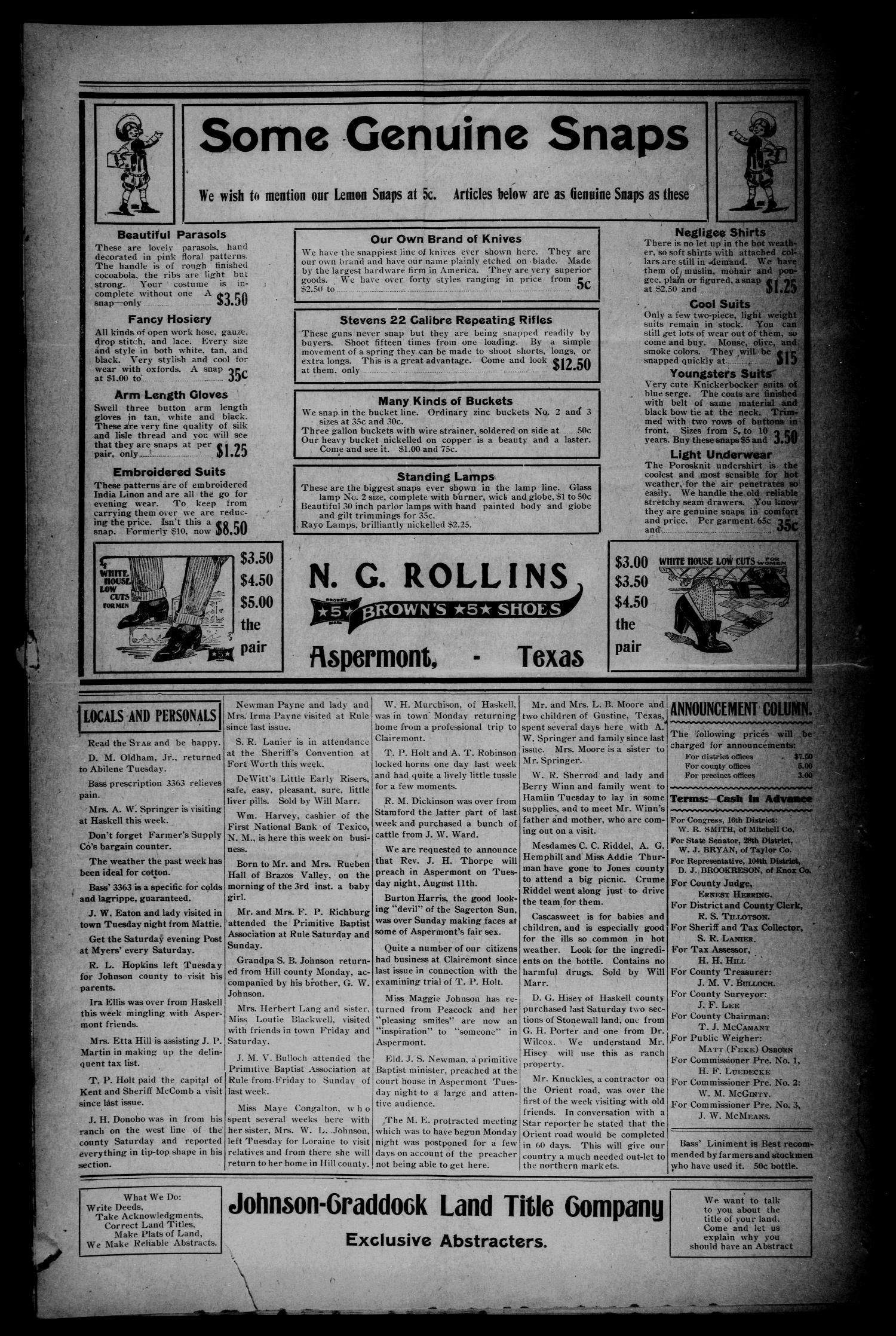 The Aspermont Star (Aspermont, Tex.), Vol. 11, No. 5, Ed. 1 Thursday, August 6, 1908
                                                
                                                    [Sequence #]: 4 of 8
                                                