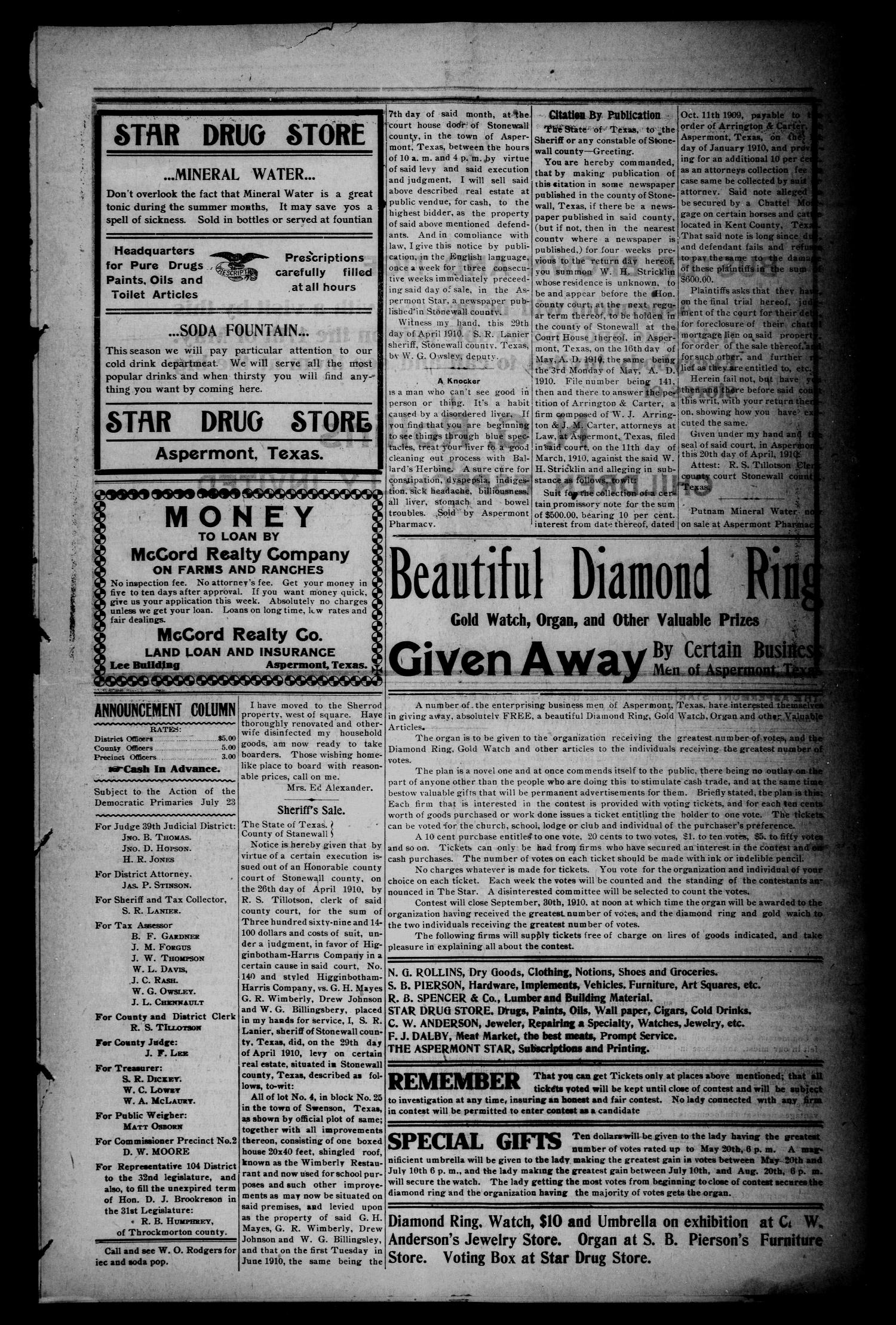 The Aspermont Star (Aspermont, Tex.), Vol. 12, No. 42, Ed. 1 Thursday, May 5, 1910
                                                
                                                    [Sequence #]: 3 of 8
                                                