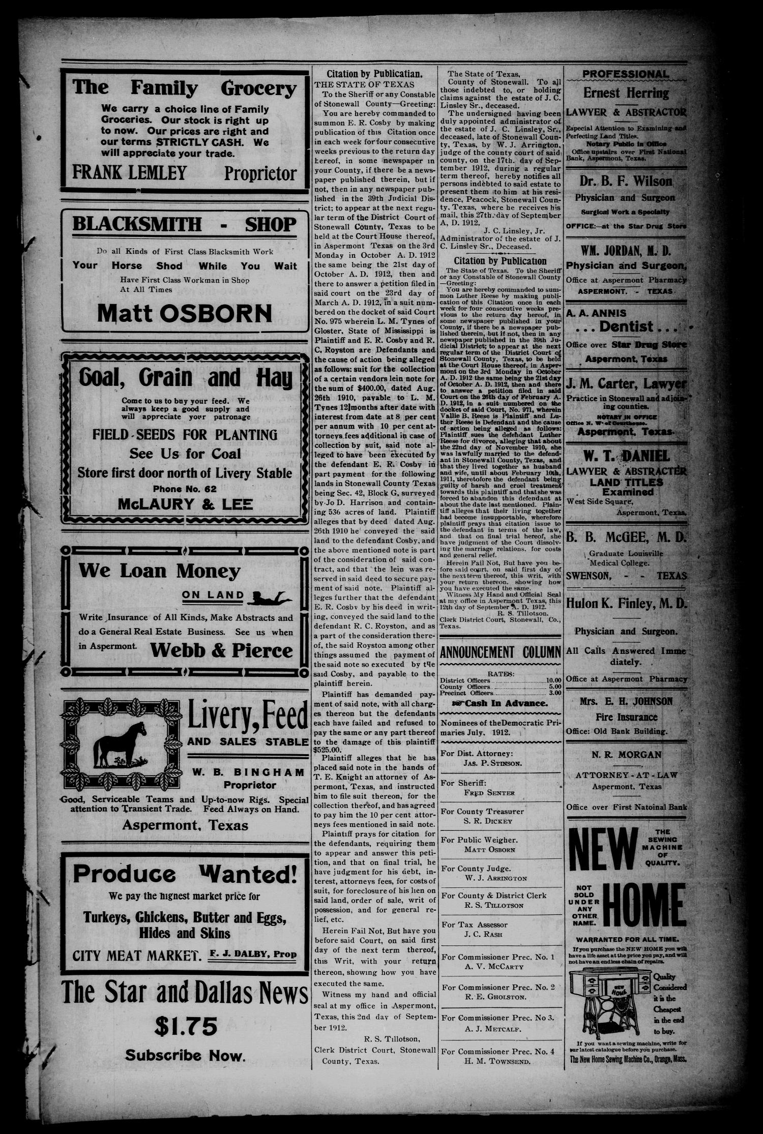The Aspermont Star (Aspermont, Tex.), Vol. 15, No. 11, Ed. 1 Thursday, October 3, 1912
                                                
                                                    [Sequence #]: 3 of 6
                                                