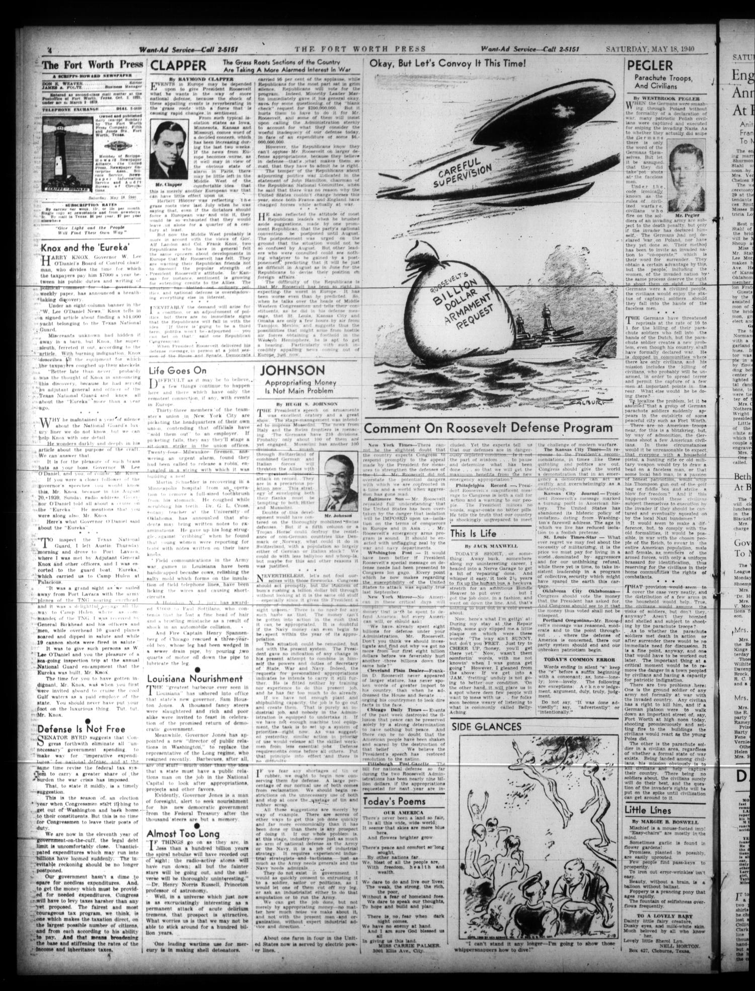 The Fort Worth Press (Fort Worth, Tex.), Vol. 19, No. 197, Ed. 1 Saturday, May 18, 1940
                                                
                                                    [Sequence #]: 4 of 10
                                                