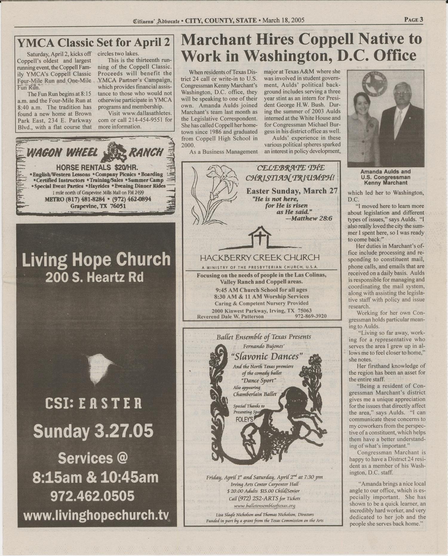 Citizens' Advocate (Coppell, Tex.), Vol. 21, No. 11, Ed. 1 Friday, March 18, 2005
                                                
                                                    [Sequence #]: 3 of 24
                                                
