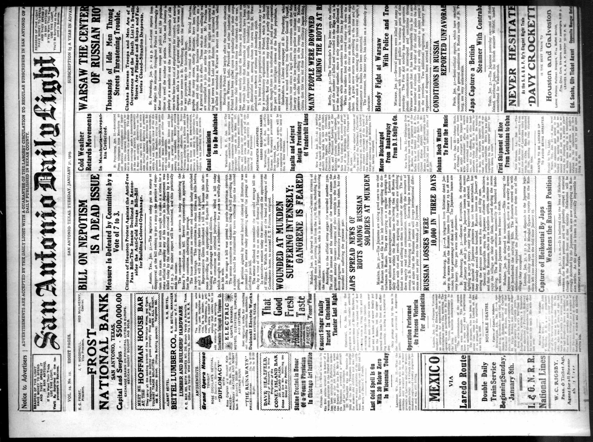 San Antonio Daily Light (San Antonio, Tex.), Vol. 24, No. 12, Ed. 1 Tuesday, January 31, 1905
                                                
                                                    [Sequence #]: 1 of 8
                                                