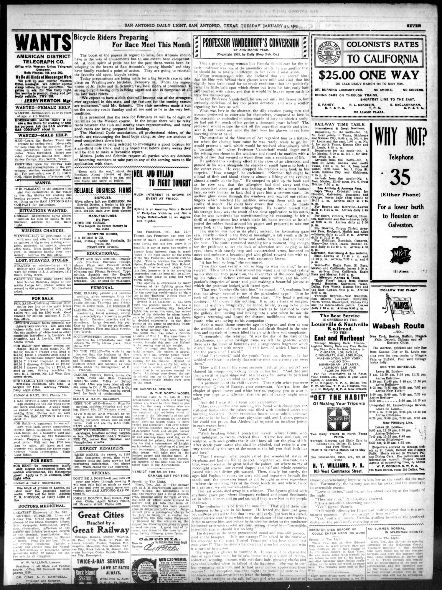 San Antonio Daily Light (San Antonio, Tex.), Vol. 24, No. 12, Ed. 1 Tuesday, January 31, 1905
                                                
                                                    [Sequence #]: 7 of 8
                                                