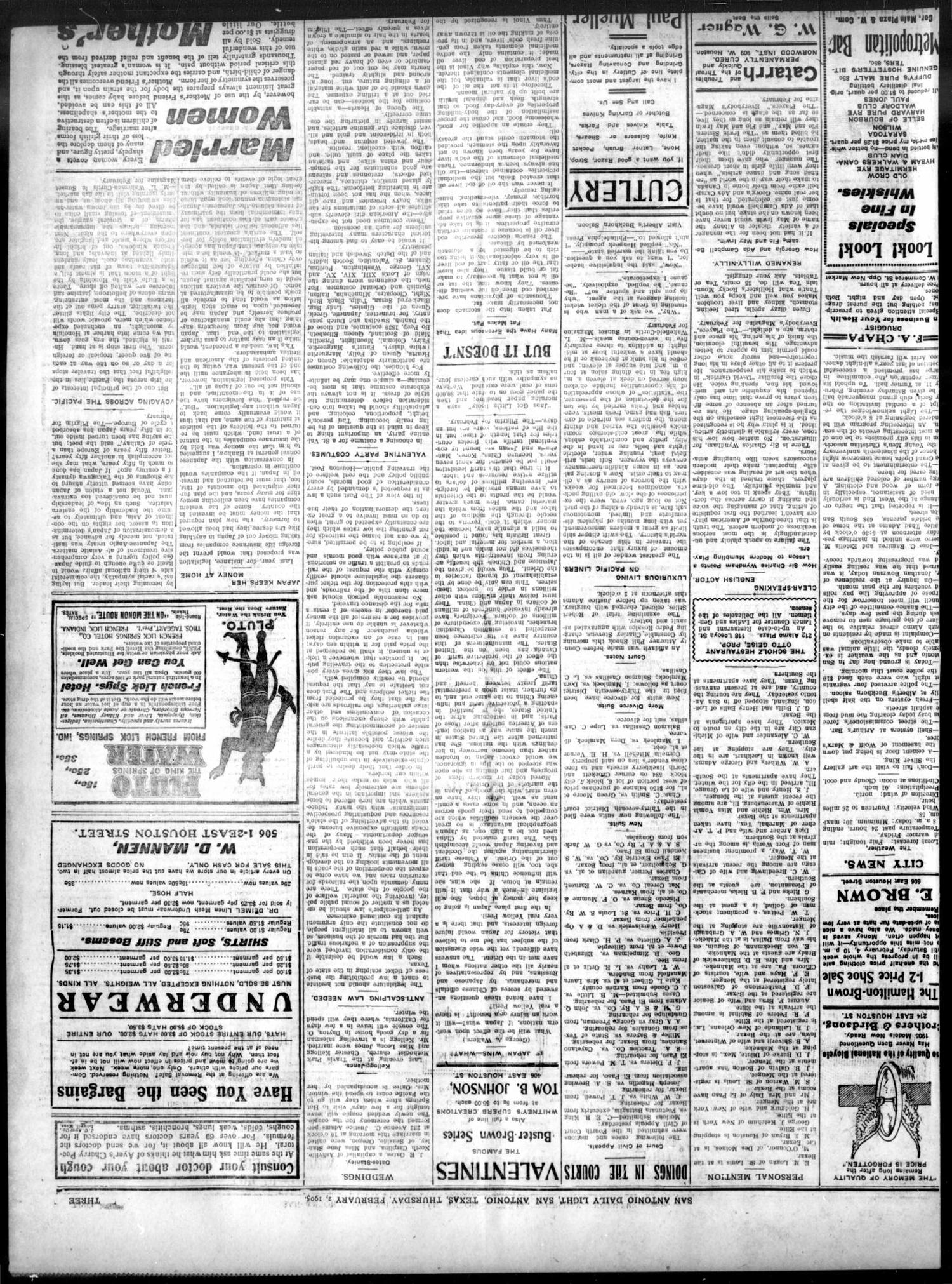 San Antonio Daily Light (San Antonio, Tex.), Vol. 24, No. 14, Ed. 1 Thursday, February 2, 1905
                                                
                                                    [Sequence #]: 3 of 8
                                                