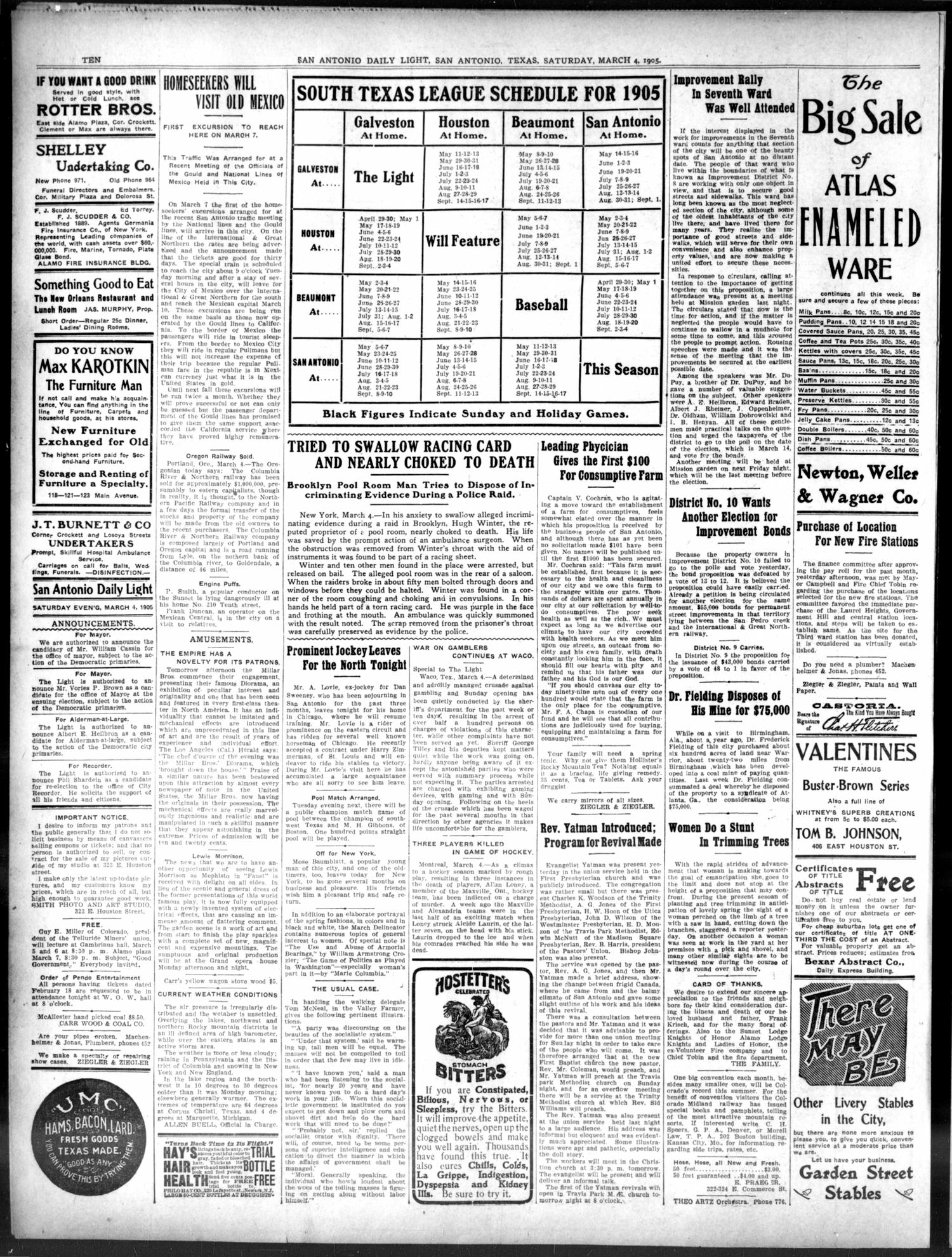 San Antonio Daily Light (San Antonio, Tex.), Vol. 24, No. 44, Ed. 1 Saturday, March 4, 1905
                                                
                                                    [Sequence #]: 10 of 10
                                                